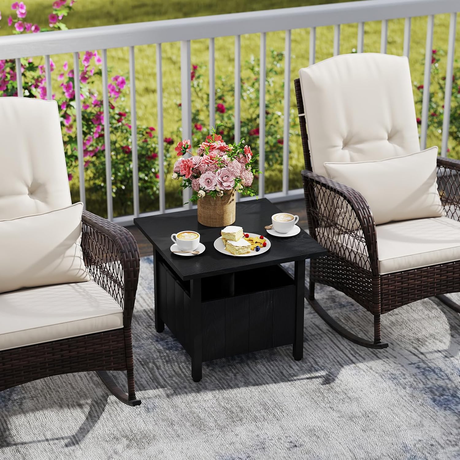 HAPPYGRILL Patio Square Umbrella Table with 2 Weight Bags, Metal Side Table with Umbrella Hole & Adjusting Knobs, for Backyard Poolside Deck (2)