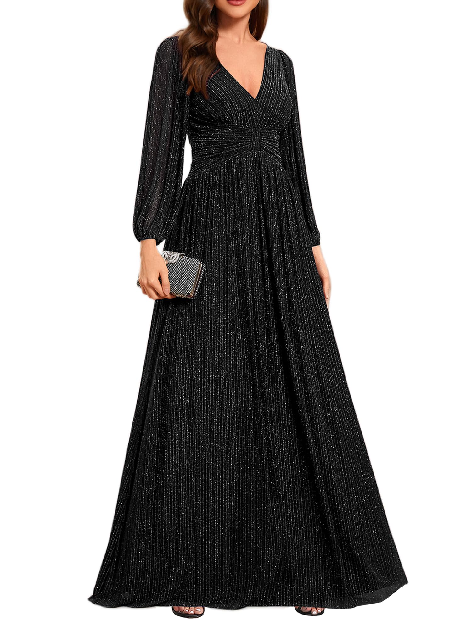 Ever-Pretty Womens A-Line Formal Mother of Bride Dresses V-Neck Long Sleeves Floor Length Glitter Evening Gowns