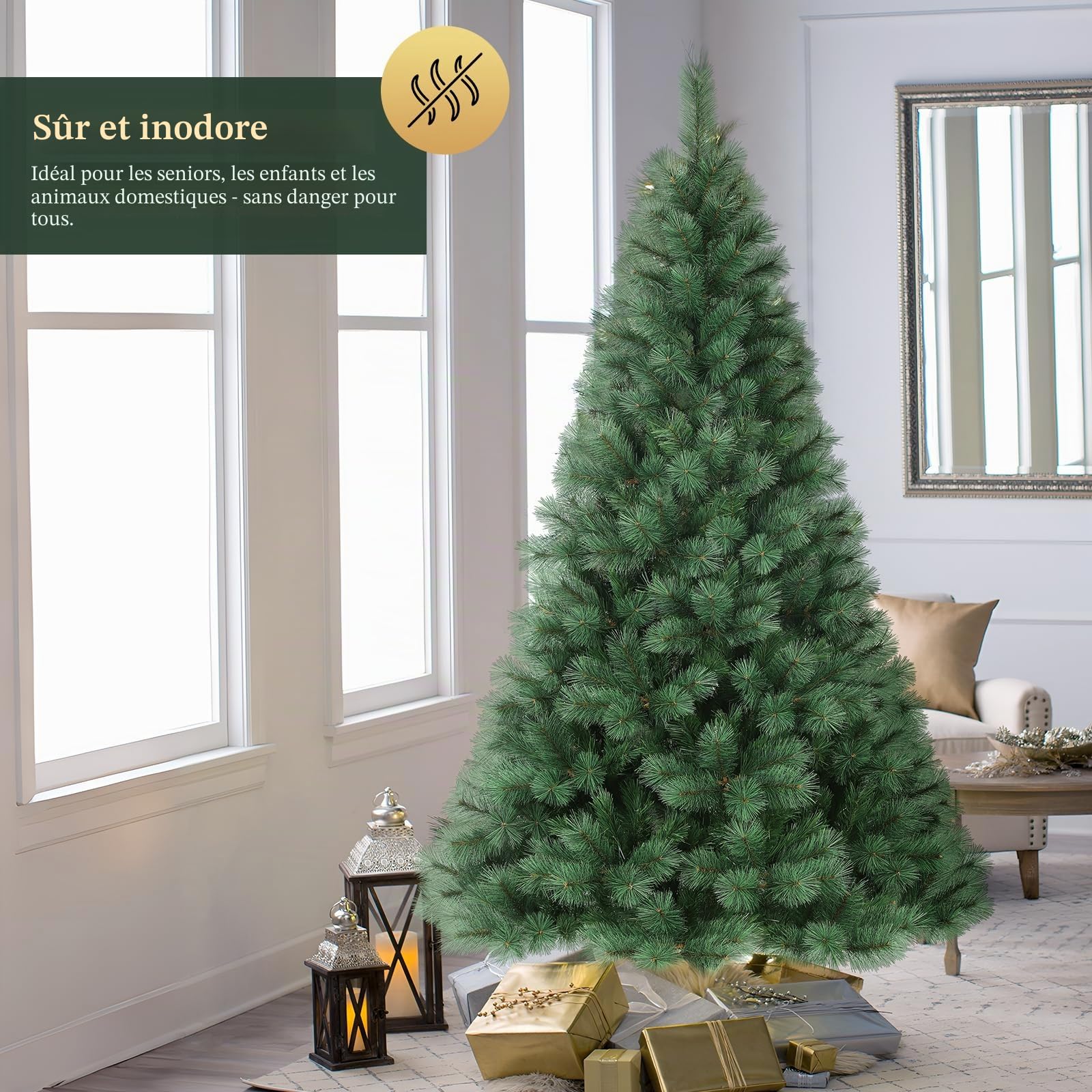 SALCAR Sapin de Noël Artificiel 210 cm, Pin de Noël (Ø env. 120 cm) avec Support en Métal, Système de Montage Rapide avec Charnières, Arbre de Noël 2,1 m pour Intérieur, Montage Facile