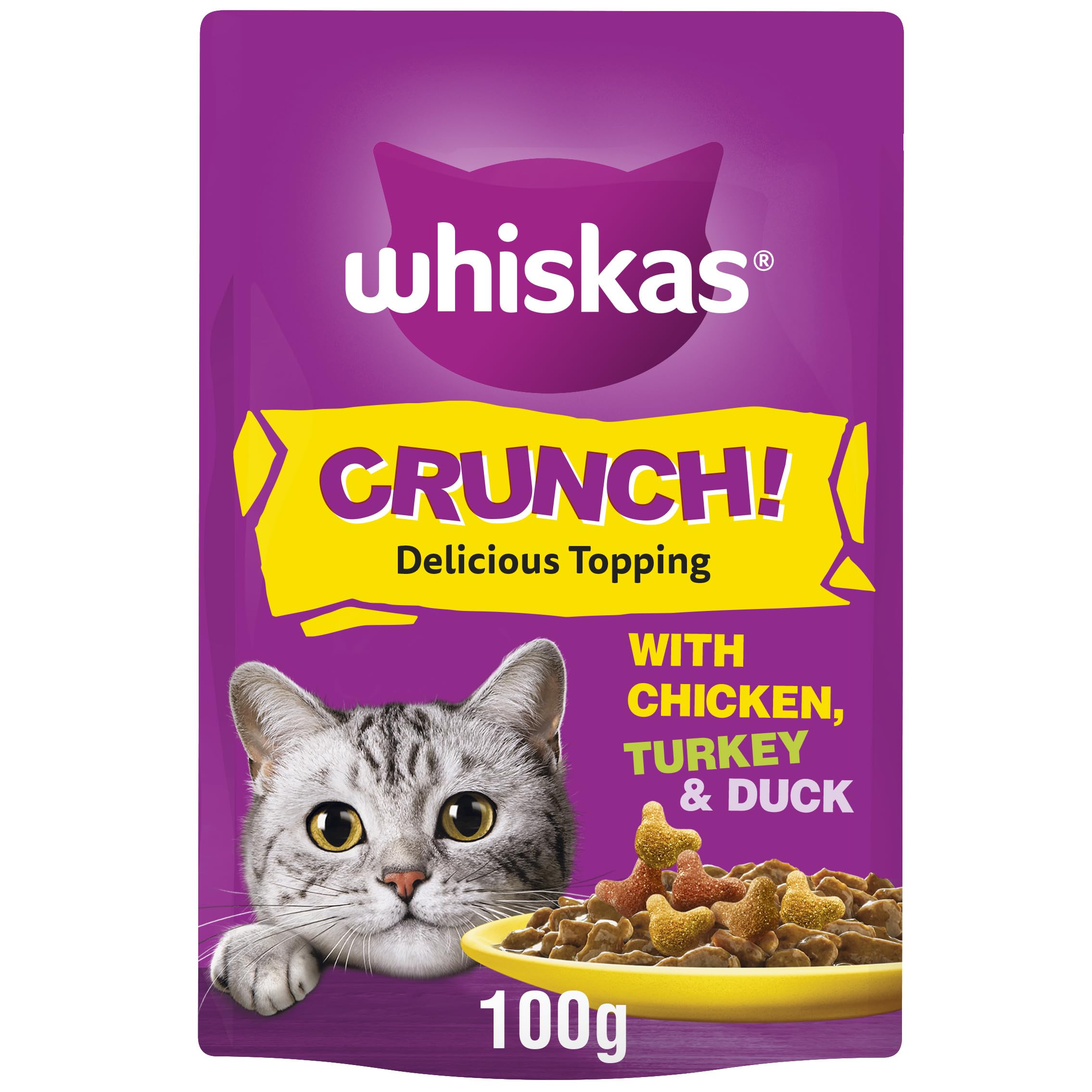 WHISKAS Crunch 100g (Pack of 6) - Tasty Topping Adult Cat Treat Biscuits