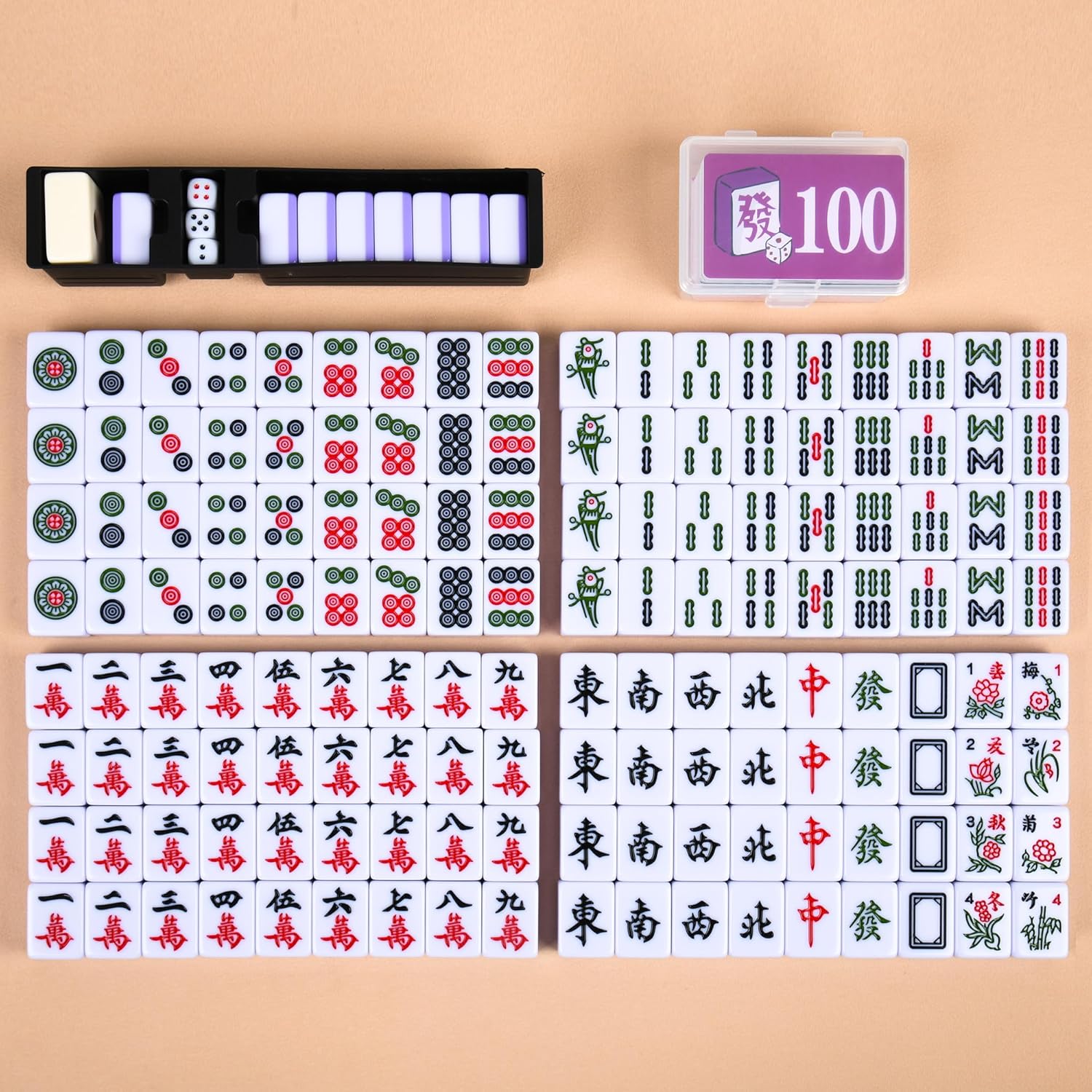 Chinese 1.25"(32MM) Small Purple Mahjong Set with Blue Vinyl Case -152 Melamine Tiles (144 + 8 Blank), Including Dice, Wind indicator,Chips & Mahjong Mat (Majiang)-Collector's Edition for Game Night