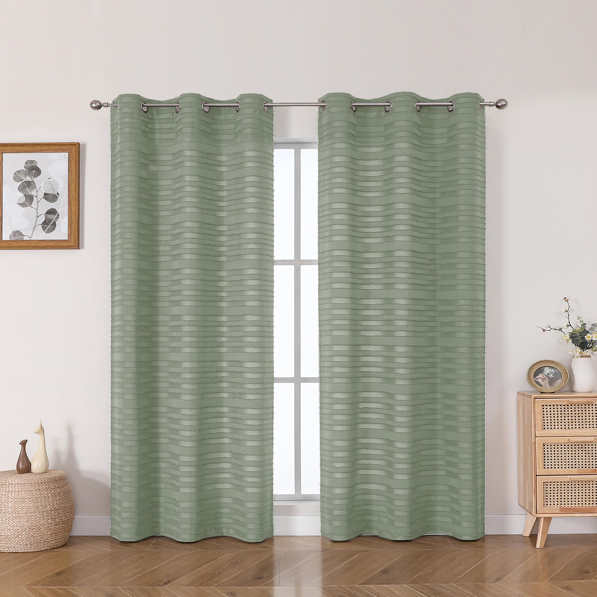 Aiyufeng Green Boho Curtains - 72 Inch Length, 2 Panels, Soft Airy Light Filtering, Jacquard Clip, Farmhouse Style for Bedroom & Living Room, Each 42 Wx72 L