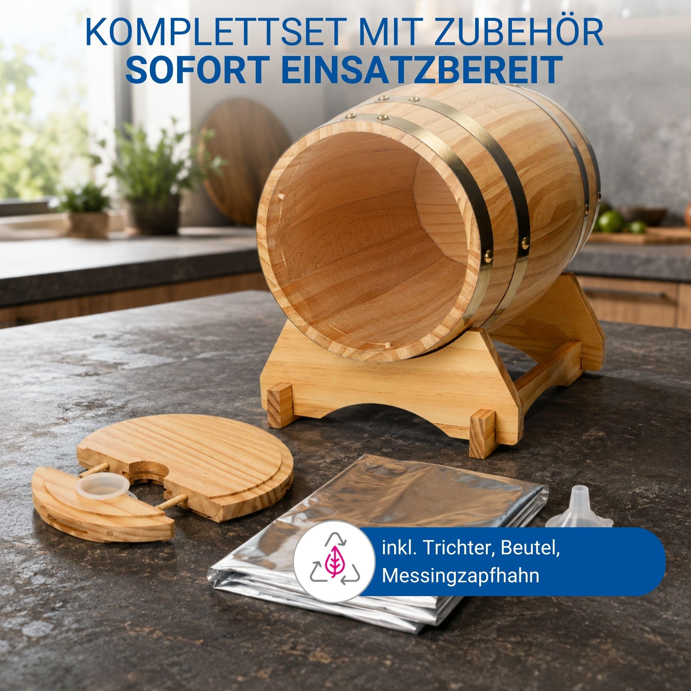 Holzfass 'Timber' 5 l - kleines Weinfass mit Zapfhahn, Beutel und Bock - dekoratives Fass für Whisky, Wein und Schnaps - Geschenkidee
