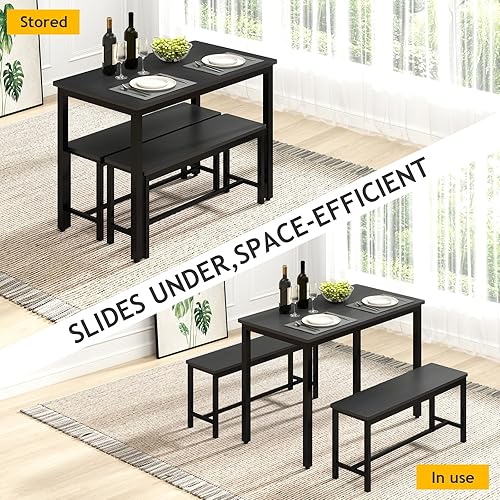 Miniatura 3 de Rovibek Juego de mesa de comedor para 4 personas con 2 bancos, juego de mesa de cocina que ahorra espacio para cocina y comedor, color negro Negro