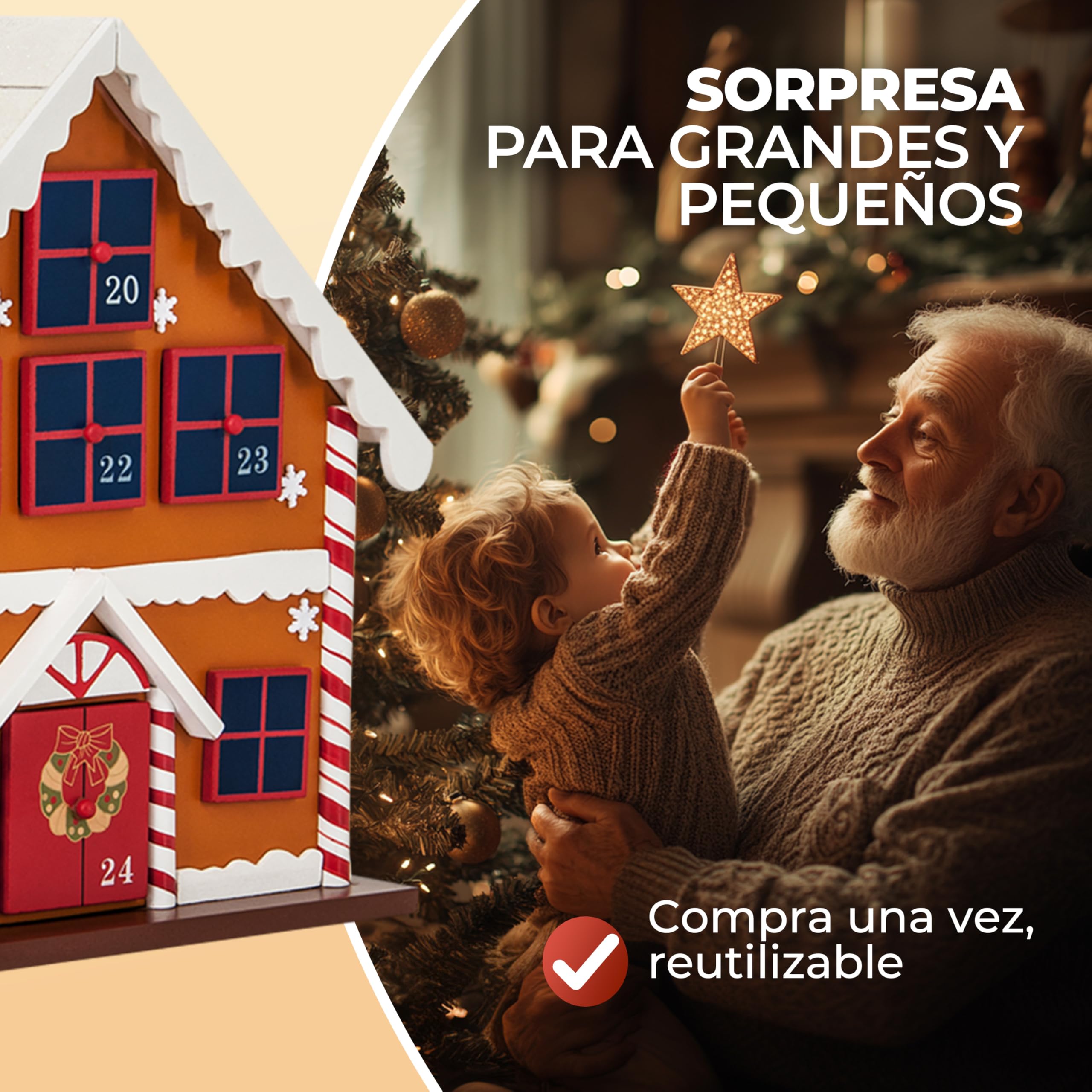 Spielwerk® Calendario de Adviento Madera Casita Jengibre 24 Cajoncitos Rellenable Chuches Vacio Reutilizable Adorno Decoración Navidad 2025 Personalizable