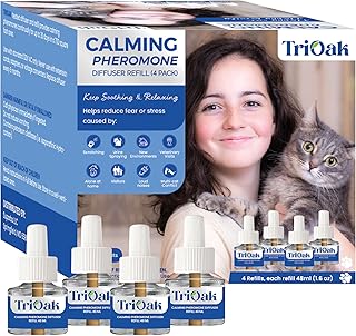 TriOak 4 Pack Cat Calming Pheromone Diffuser Refills, Enhanced Cat Calming Pheromones 4-Month Supply, Cat Anxiety Relief Pheromones, 48ml x4 Universal Refillss (Fits All Common Diffuser Heads)
