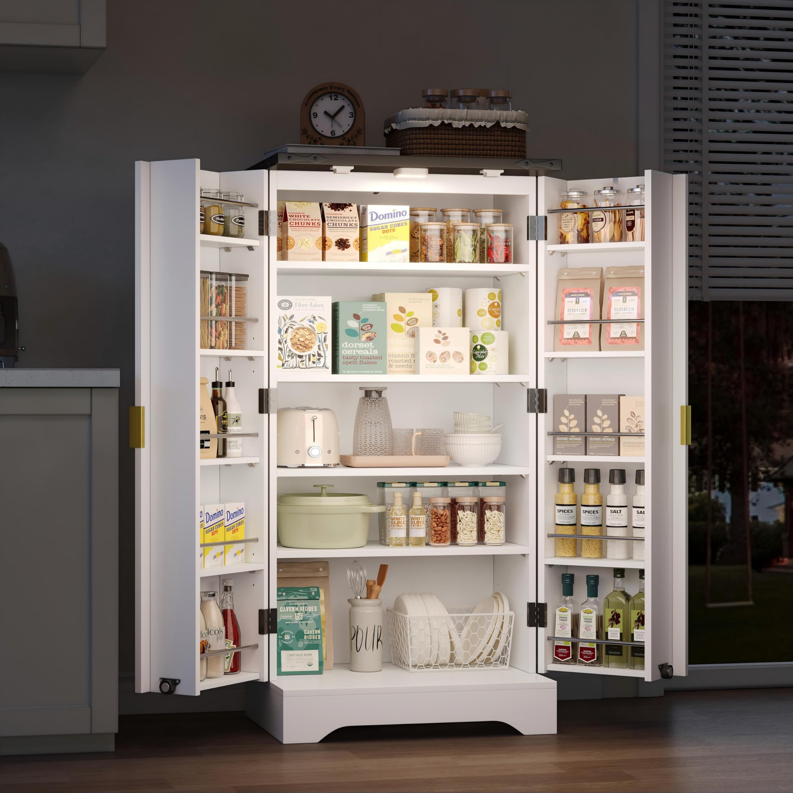 Küchenschrank mit Gewürzregal – Moderner Doppeltür-Hochschrank 120x60.5x40cm, Verstellbare Regalböden, Holzmaserung-Finish, Stauraum für Küche & Esszimmer (Weiß)