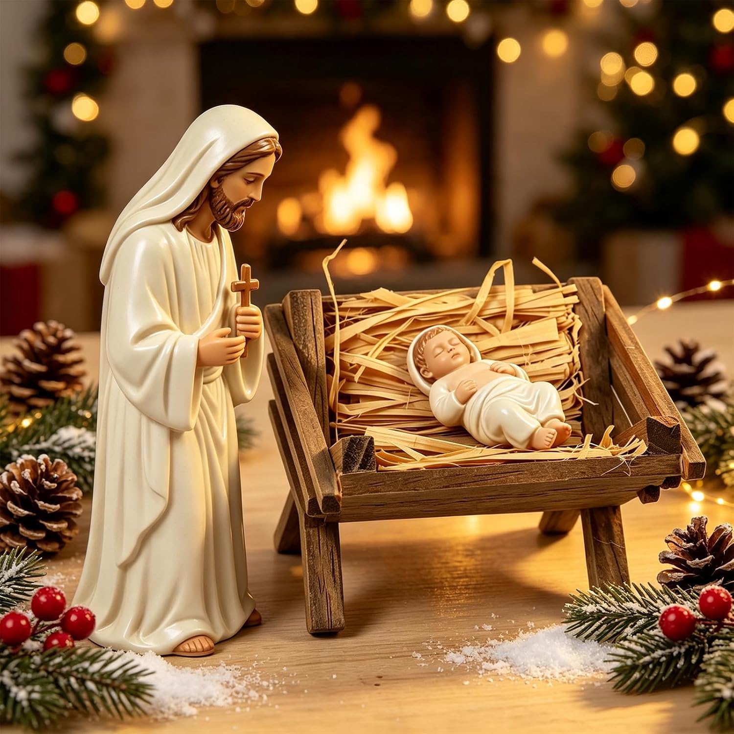 Fangoo Wooden Jesus Nativity Manger Decoration with Natural Hay Rustic Christmas Table Centerpiece Decor for Nativity Scene Religious Christmas Decoration for Tabletop Mantel Home Holiday Decor