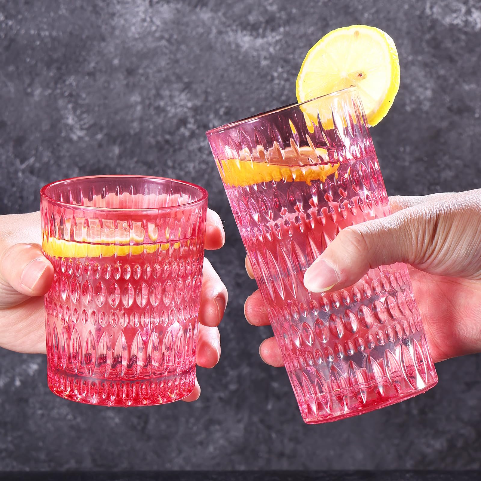 Loivttvv Glassware Trinkgläser-Set, 400 ml und gerippte Glasbecher, Vintage-Gläser für Wasser, Saft, Cocktail, Whiskey, Rosa, 8 Stück
