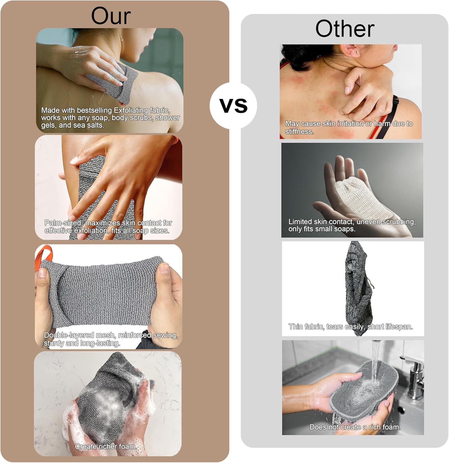 2 Pack Soap Bag Deep and Gentle Exfoliating,Bar Soap Pouch Saver Pocket, Body Scrubber Shower Bath Sponge Loofah (Grey) - Image 6