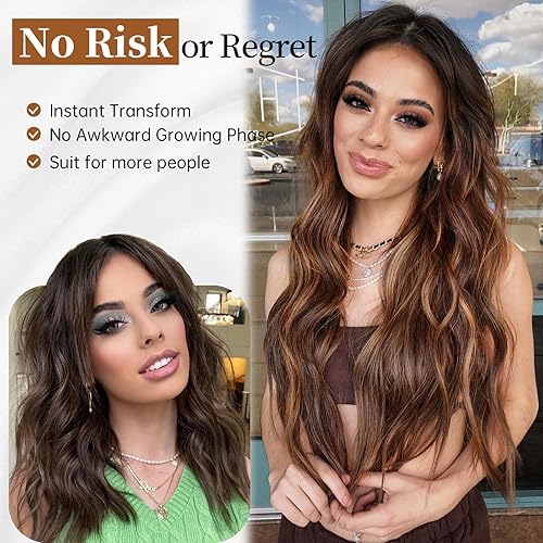 Miniatura 5 de AISI HAIR Peluca para mujer, peluca larga ondulada de color marrón con reflejos rubios, peluca sintética resistente al calor de parte media, para