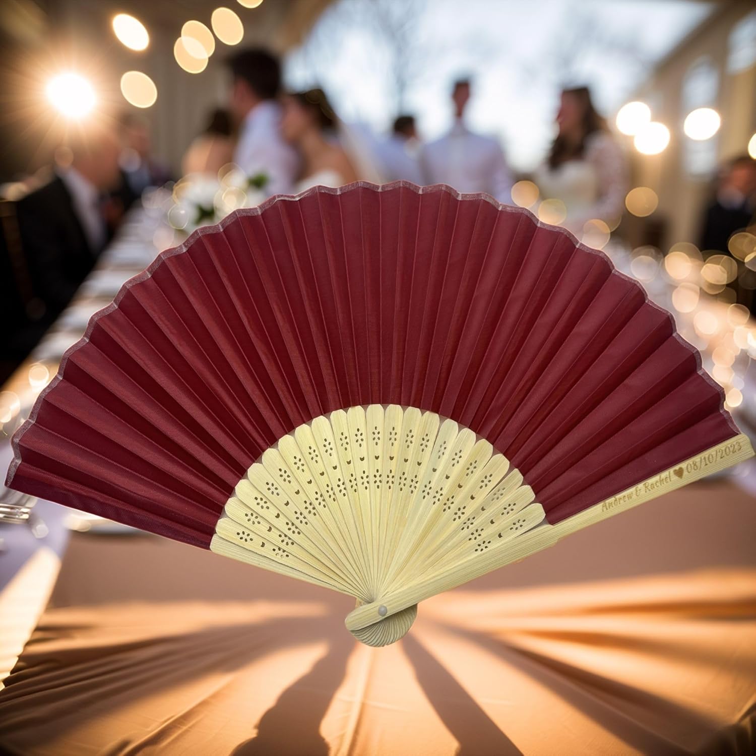 53pcs Personalized Wine Red Folding Hand Fans - Custom Silk & Bamboo Fans for Summer, Weddings, Birthdays & Events - Elegant Party Favors & Souvenirs with Organza Bags (Abanicos de Mano)