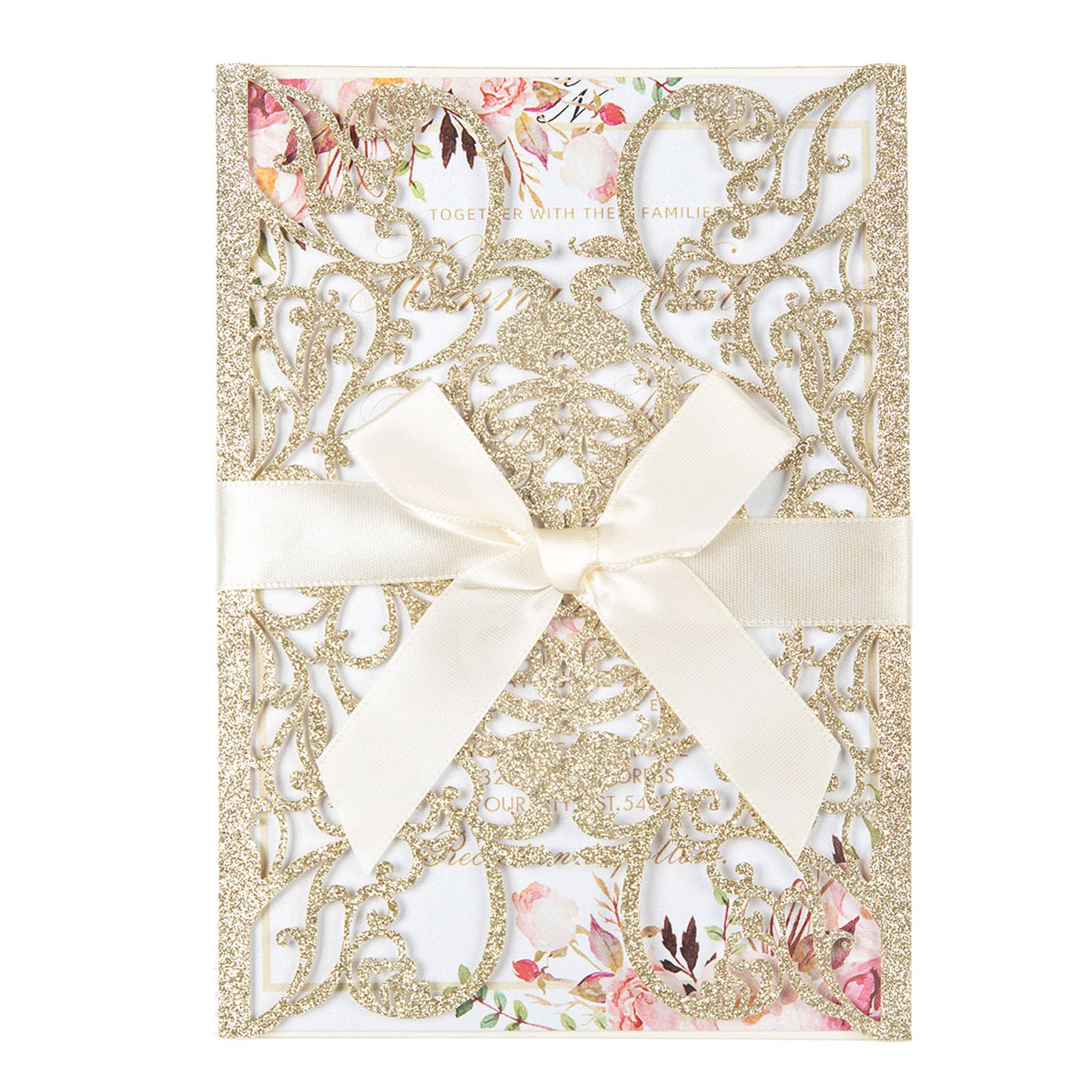 Maffily 50pcs Gold Glitter Laser Cut Invitation Pocket Blank Wedding Invitations with Envelopes And Rsvp Cards Ribbons for Wedding Quinceanera Bridal