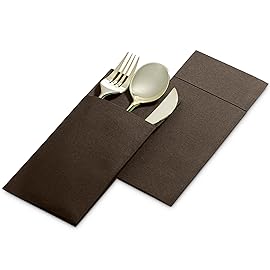 50-Pack Disposable Linen-Feel Dinner Napkins with Built-in Flatware Pocket, BROWN Prefolded Cloth Like Paper Napkins For Dinner, Wedding Or Party [Silverware NOT Included]