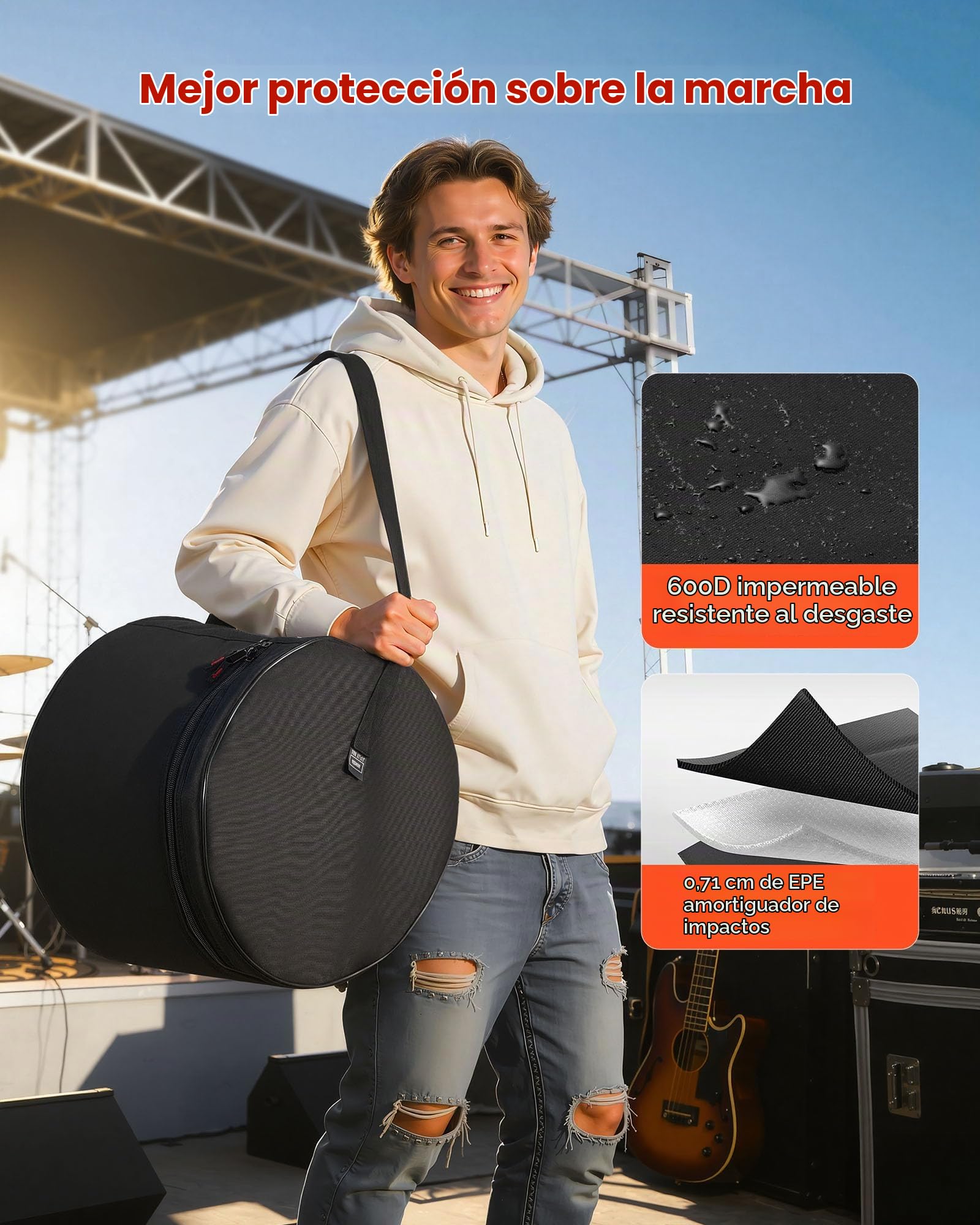 VEVOR Juego de 5 Bolsas de Tambores, Fundas Acolchadas para Toms de 12", 13" y 16", Bombo de 22", Caja de 14", con Correa de Hombro, de 600D Impermeable y Antichoque, para Tambores de Batería, Negro