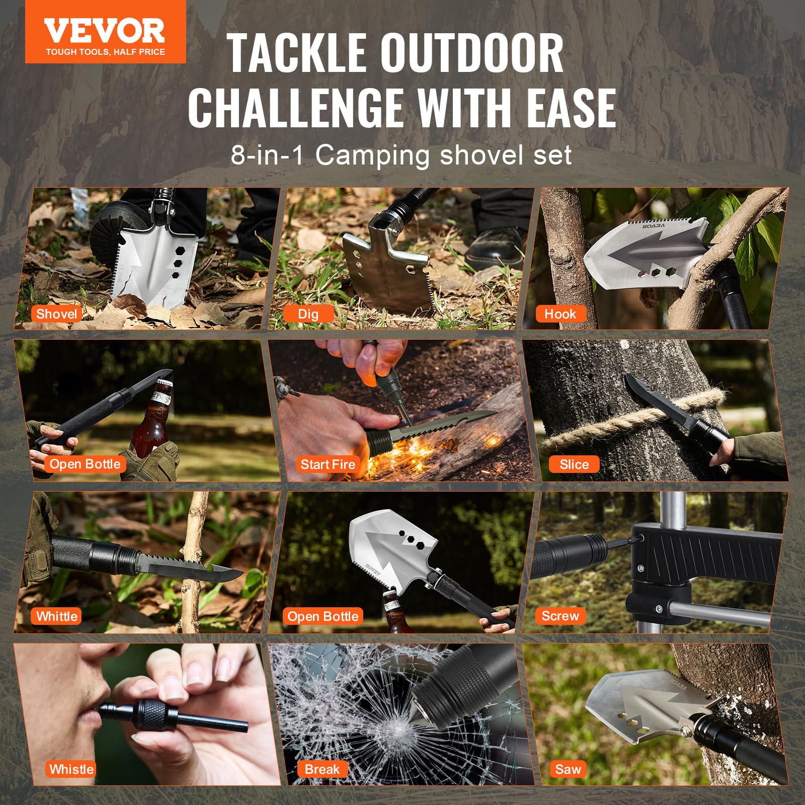 VEVOR Pelle de Survie Pliante, Pelle de Camping multifonctionnelle 8 en 1, Pelle Tactique compacte Portable de qualité Militaire, pour Tout-Terrain, Camping, randonnée, extérieur, Survie, Urgence