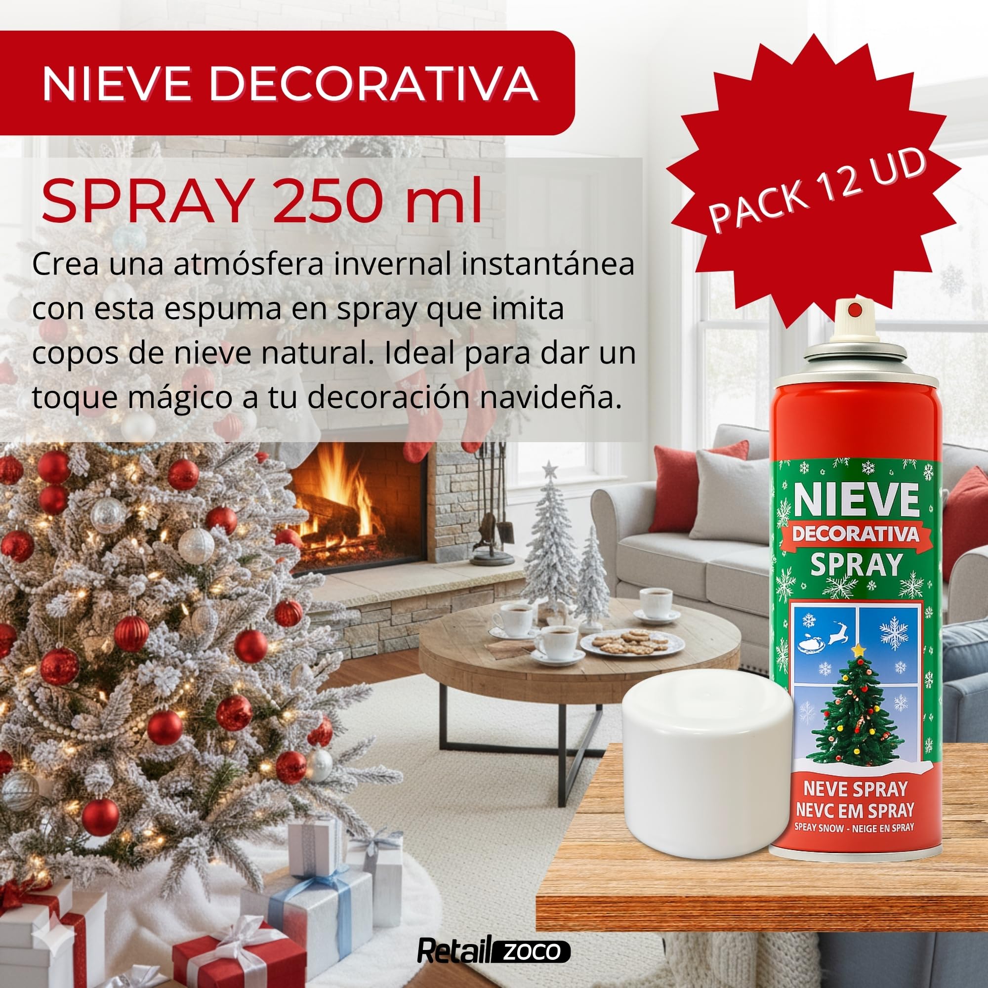 Espuma Nieve Artificial, Spray Decoración Navidad, Pulverizador de Nieve, Bote Spray Efecto Nieve, Copos de nieve artificial, Uso en interior, Utilizado en arbol de navidad, 12 botes de 250 ml - imagen 2