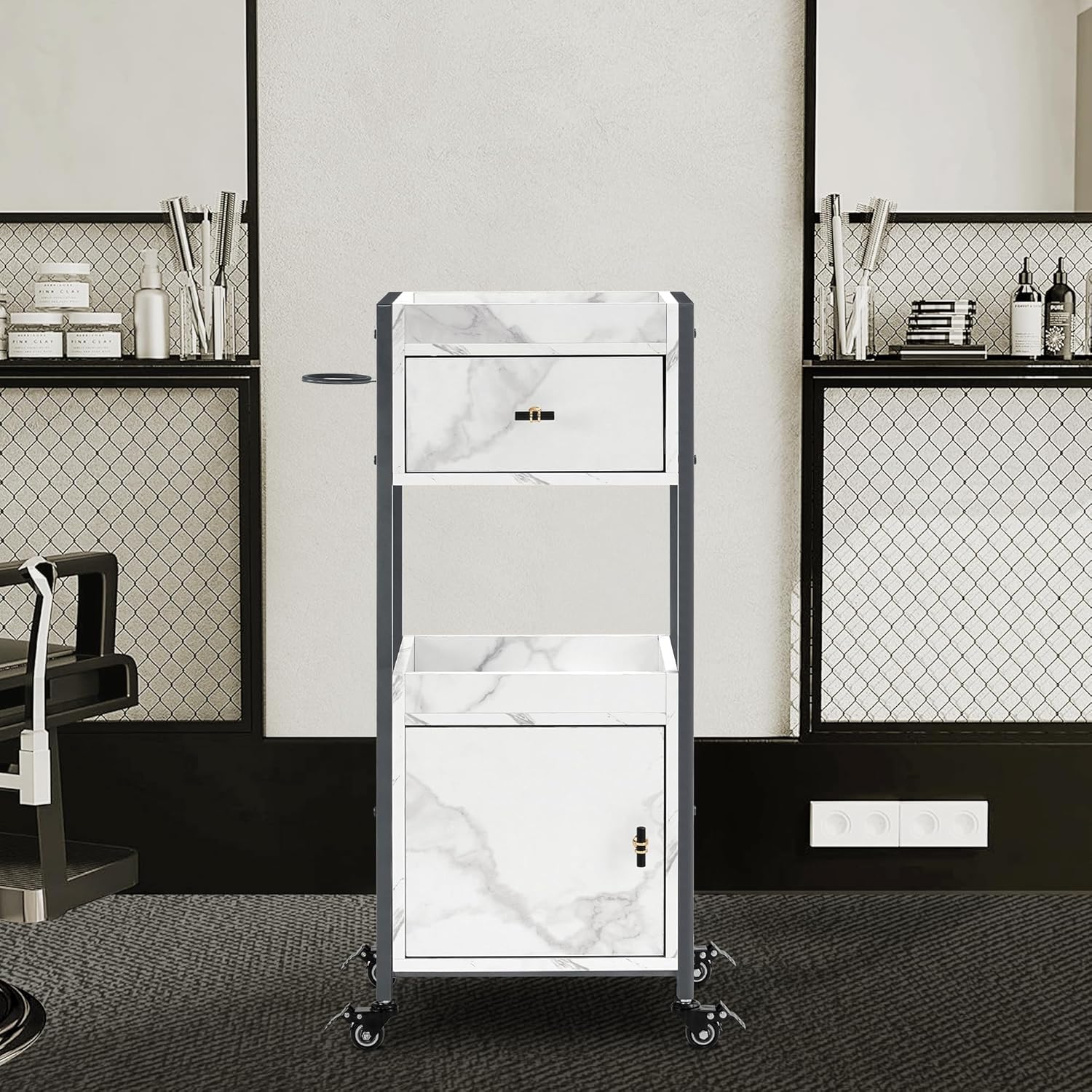 BarberPub Salon Rolling Trolley Cart with Drawer&Dryer Holder, Beauty Barber Marbling Textured Mobile Storage Organizer, Hair Stylist Cabinet Station with Wheels 2477 (Gun-Grey)