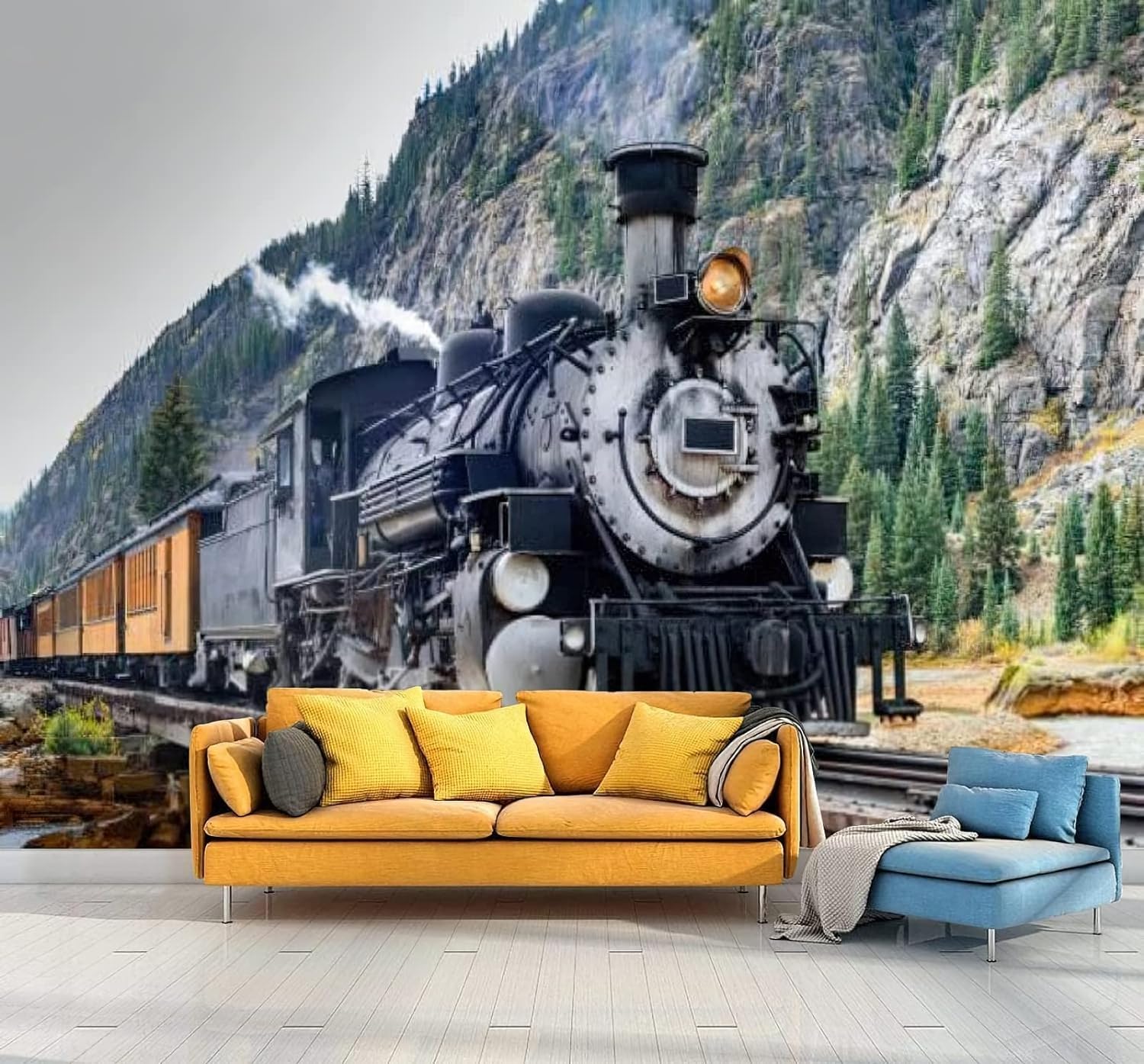 Retro Train Wall Mural, Railroad Hill Large Wallpaper, 3D Peel and Stick Self-Adhesive Removable Wall Decor Sticker for Living Room Bedroom TV Sofa Background 59''Wx40''L-PVC