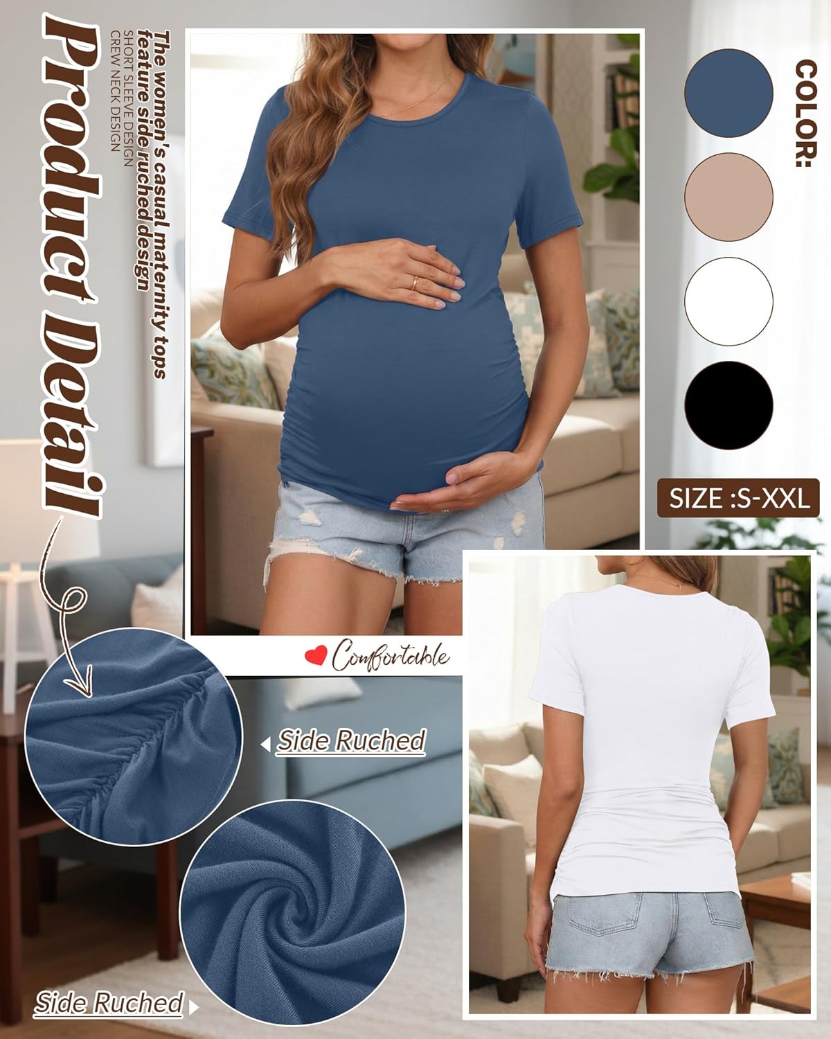 Huukeay 4 Pack Women's Maternity Shirts, Crew Neck Maternity Top Short Sleeve Casual Cotton Tee Side Ruched Pregnancy Clothes - Image 5
