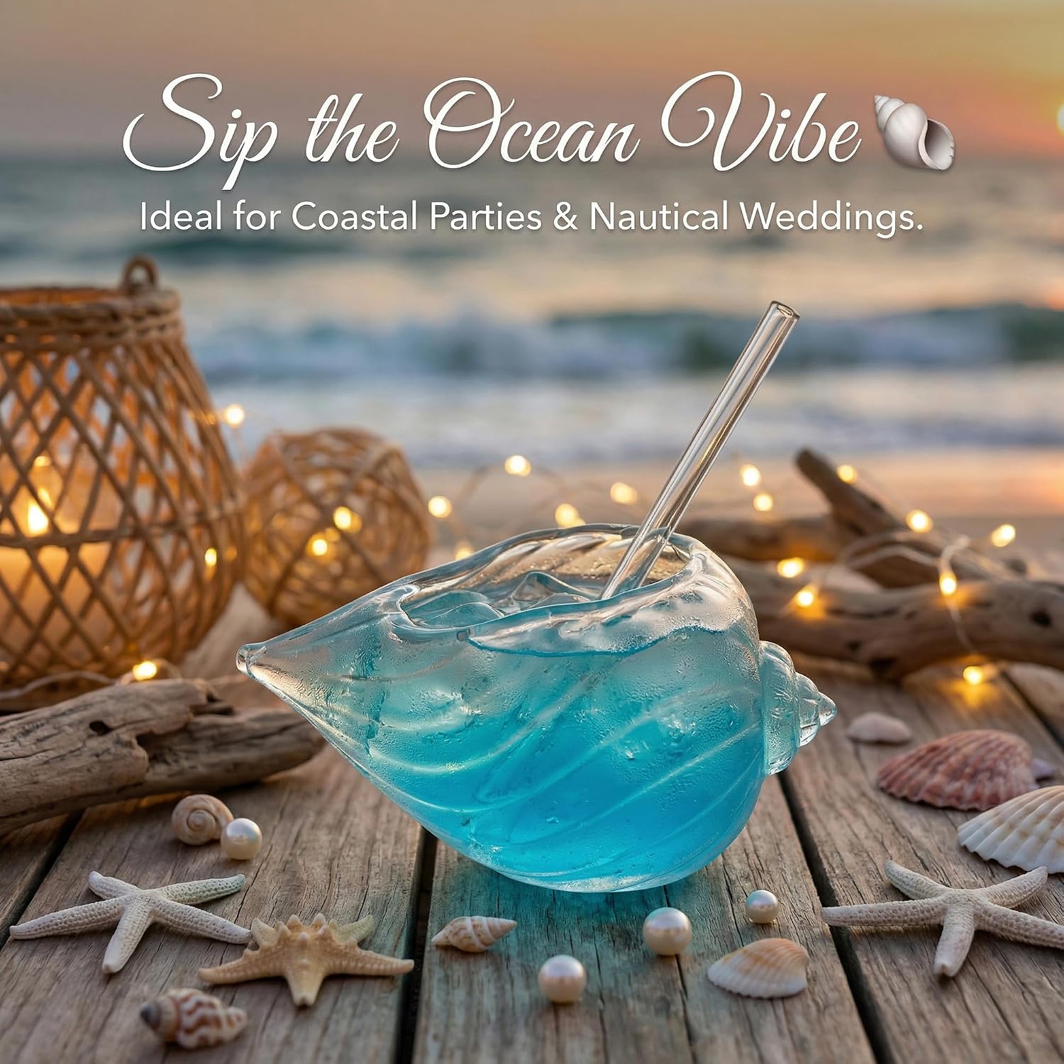 Ribbed Glass Seashell Drinking Cups: 2Pcs 12Oz Clear Conch Shell Cocktail