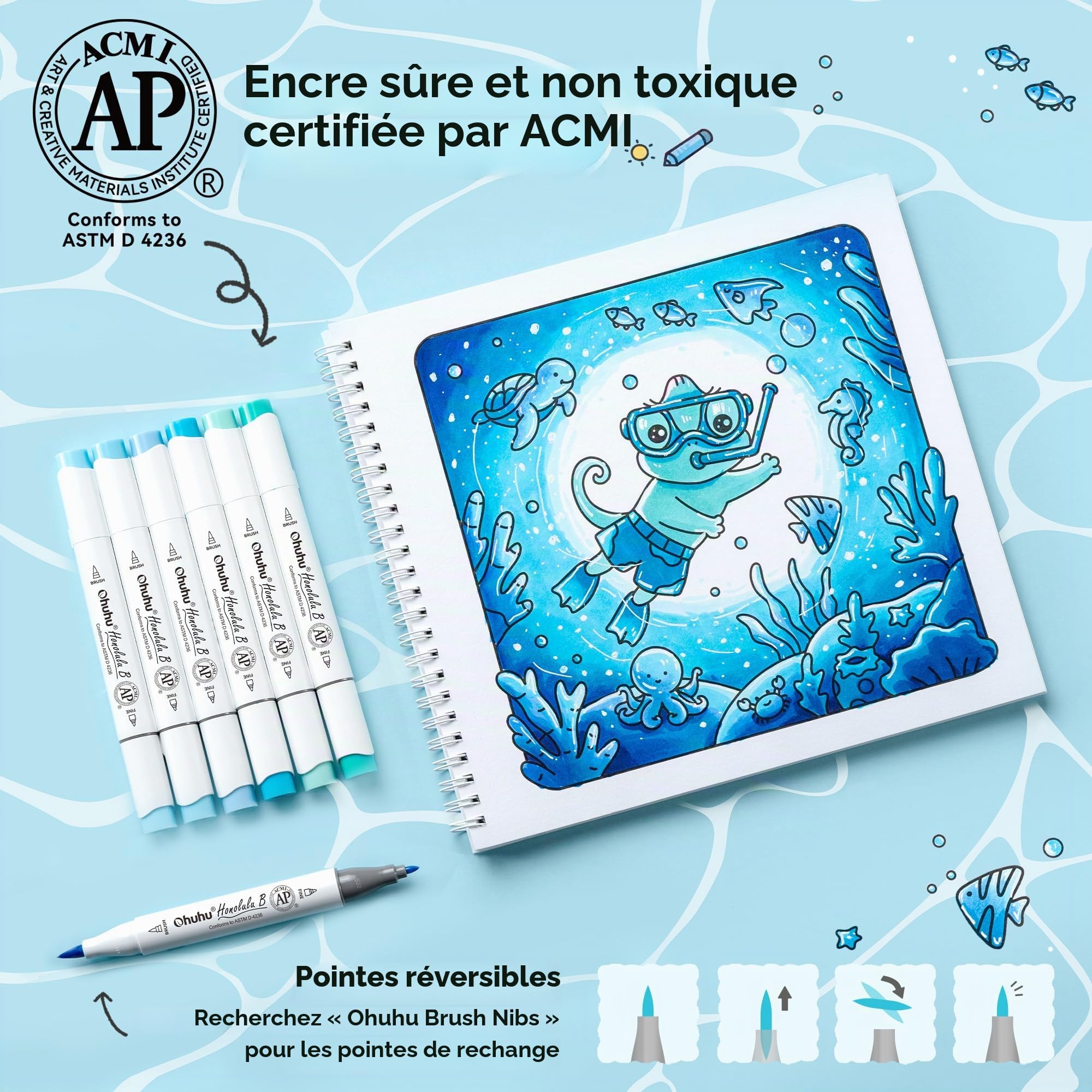 Ohuhu Honolulu B Lot de 48 marqueurs à alcool avec livre de coloriage, certifié AP - Marqueurs artistiques rechargeables à double pointe pour coloriage adulte, illustration, cadeau anti-stress pour