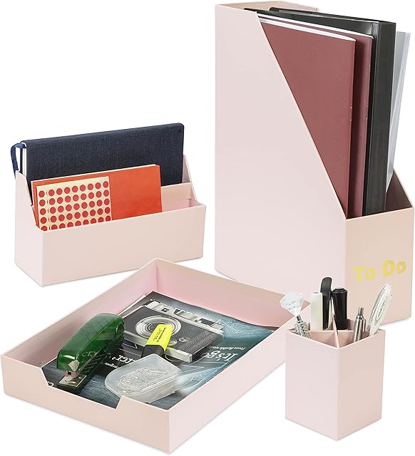 Bravich Modern Desk Organiser Set | Recyclable Material Organiser Set of A4 Letter Tray, A4 Magazine Rack, A5 Dual Storage Stand and Pen or Pencil Pot for Home and Office - 4 Piece, Pink