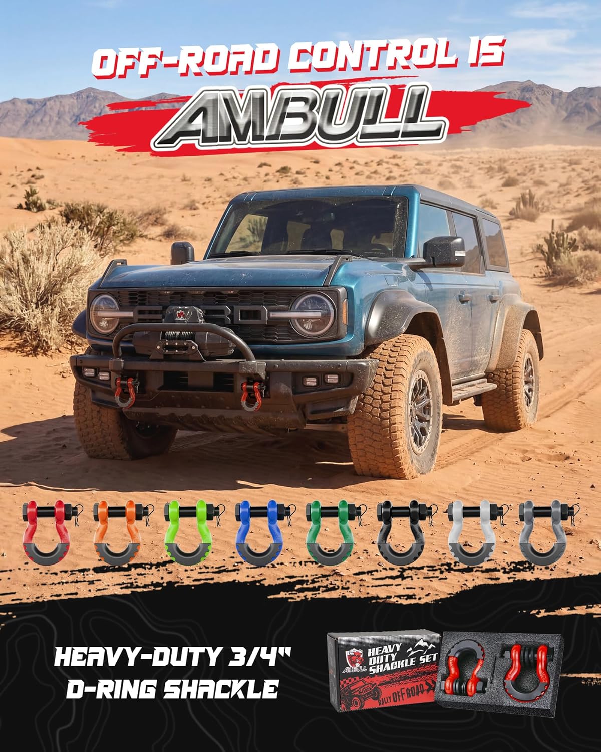 Shackles 3/4 Inch D Ring Shackle (2 Pack) 41,887lb Break Strength with 7/8 Inch Pin, Isolator and Washer Kits for Use with Tow Strap, Winch, Off-Road Jeep Truck Vehicle Recovery, Red