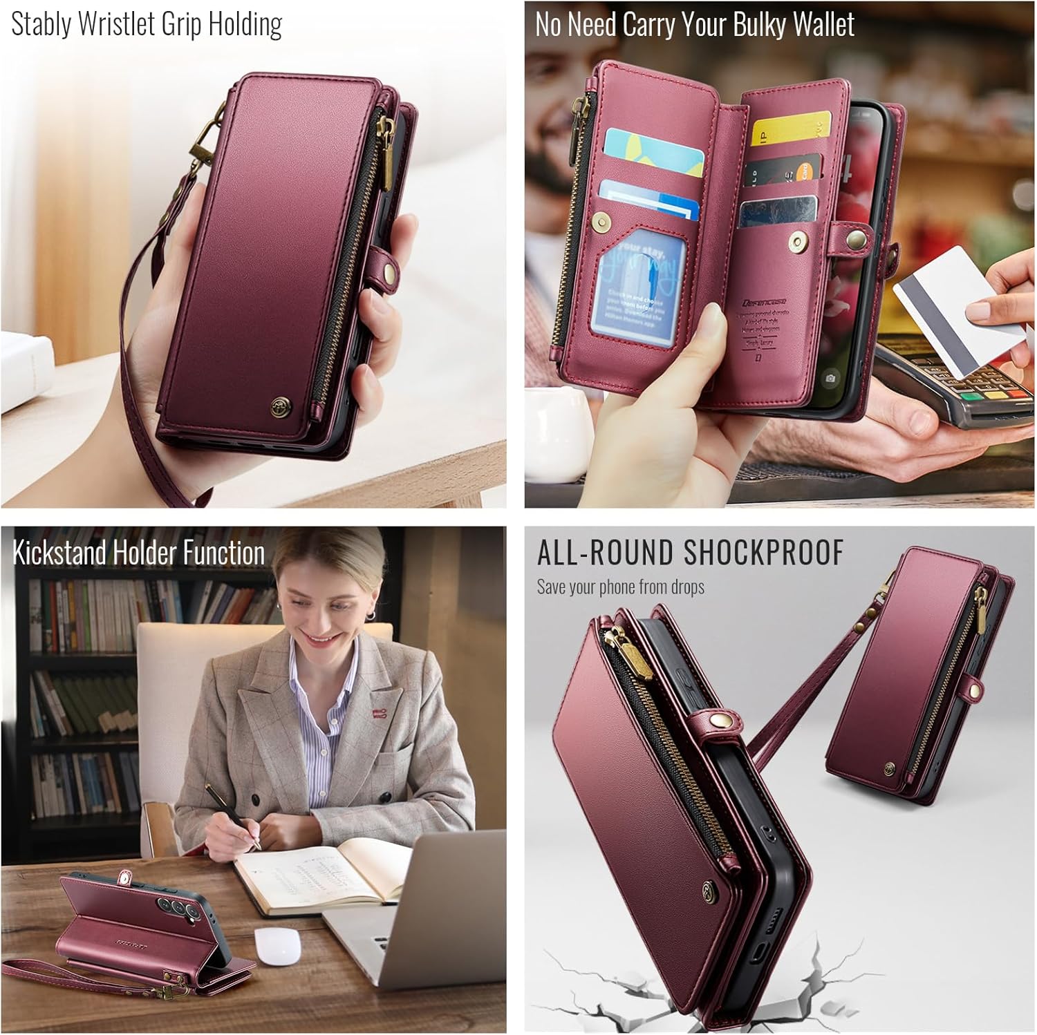 Defencase Compatible with Samsung Galaxy S24 Case Wallet with RFID Blocking Card Holder for Women Men, PU Leather Magnetic Snap Flip Zipper Strap Wallet Phone Case Fit for Galaxy S24 6.2", Wine Red