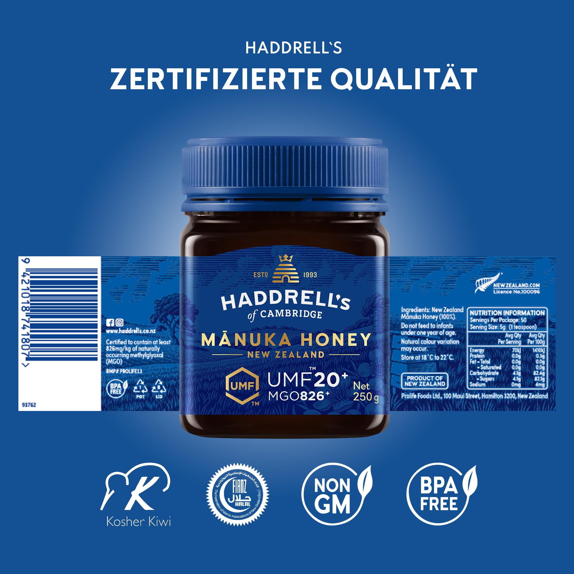 Haddrell's of Cambridge Manuka Honig 800+ MGO UMF 20+ 500 g | zertifizierter Manukahonig aus Neuseeland, reich an Methylglyoxal, nachhaltig und roh, für Frühstück und Tee