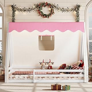 Twin Size House Bed Frame, Teepee Wood Floor Bed with Light, Kids Playhouse Bed with Length Guardrails, No Box Spring Needed (White+Pink, Twin)