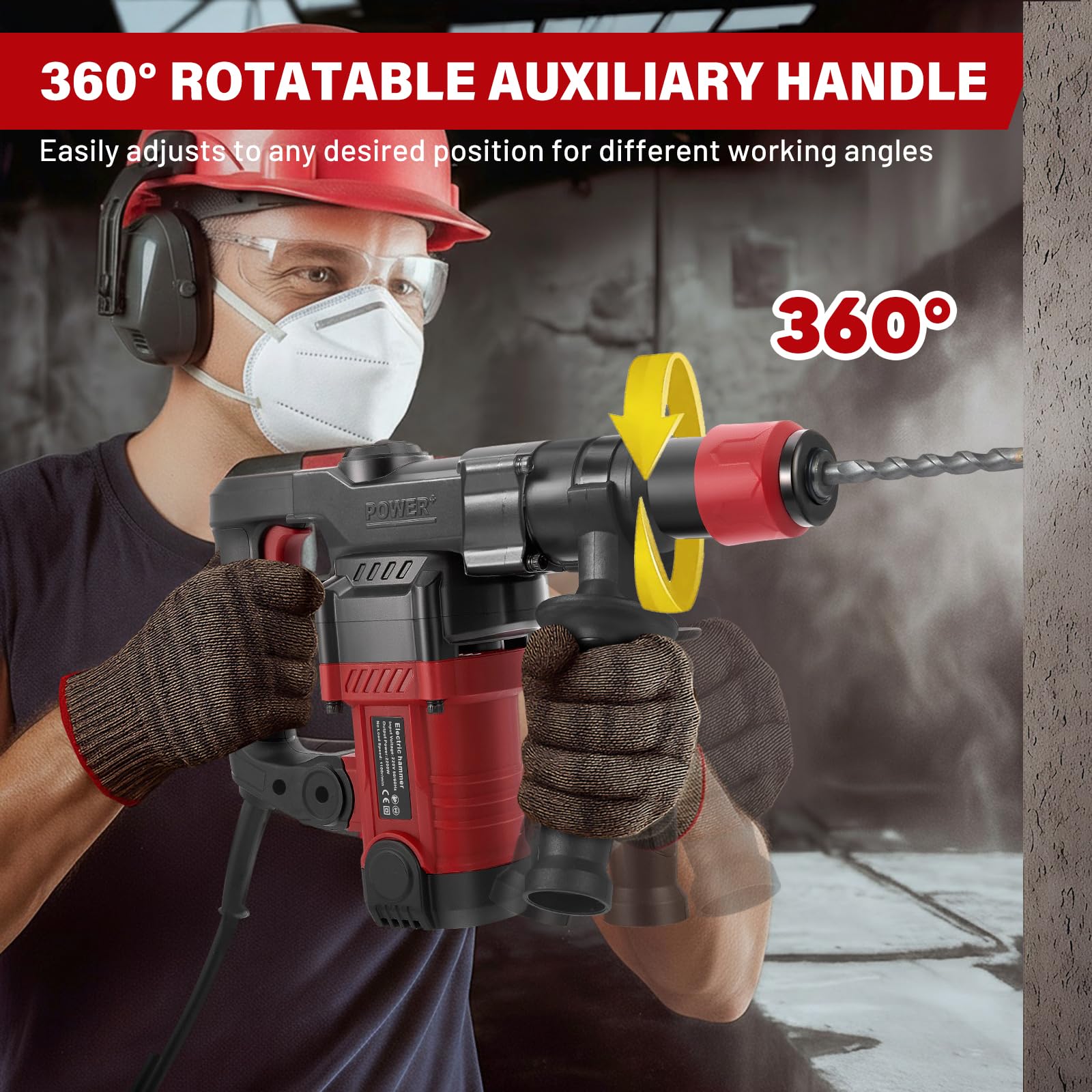 1200W martillo demoledor,energía de impacto de 5J,6 velocidades ajustables,velocidad sin carga 1050 RPM,con 4 piezas SDS Plus,profundidad de perforación de hasta 20 mm Mango antivibración