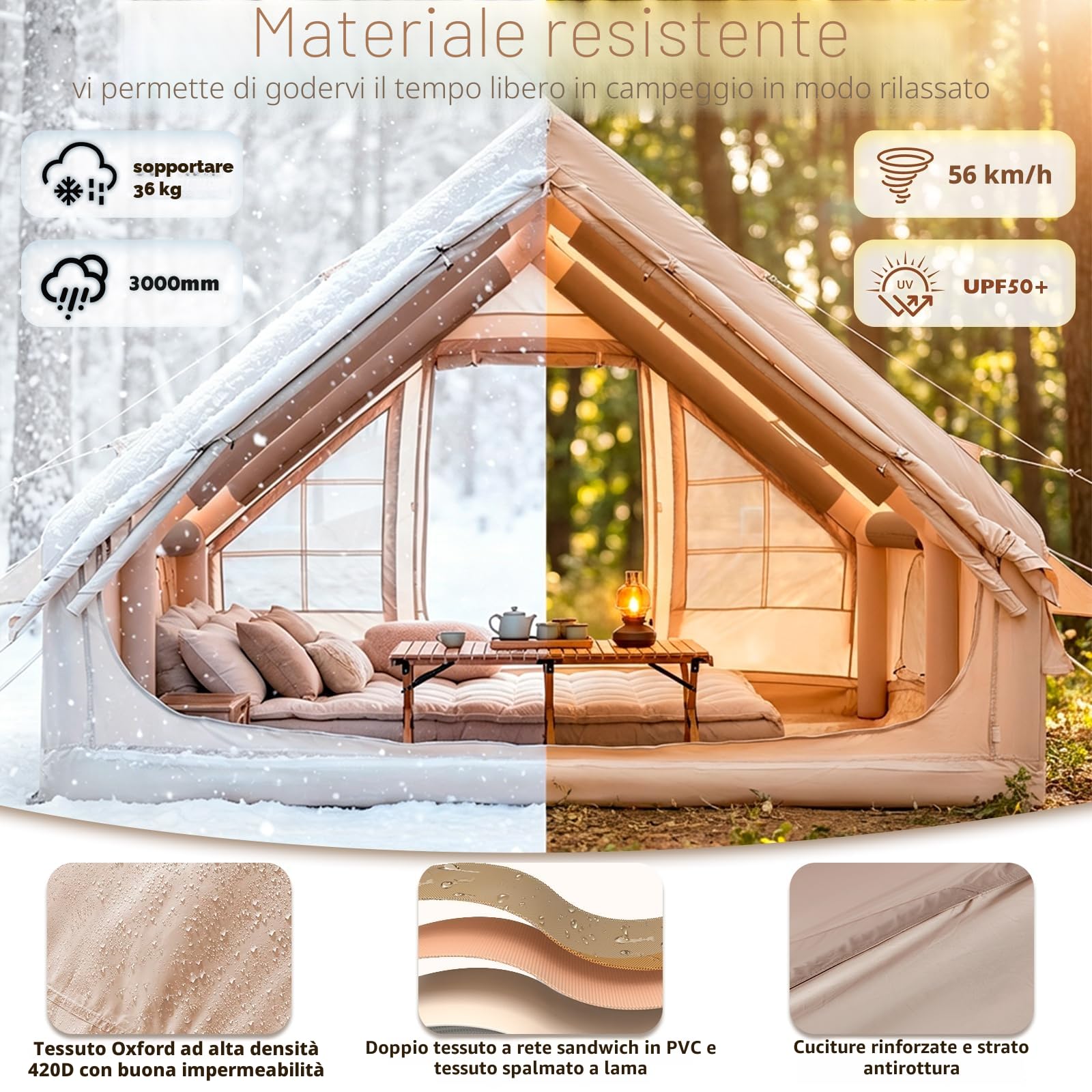 400 x 300 x 210 cm, gonfiabile, con finestra da tetto in PVC, per 4 – 10 p, tenda da esterno con pompa ad aria e finestra a rete, Oxford 420D, impermeabile, 3000 mm e UV50+ per 4 stagioni, 5 minuti