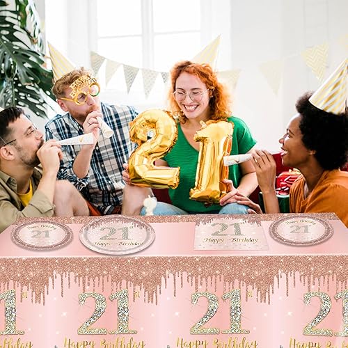 Miniatura 8 de 62 piezas de decoraciones de cumpleaños número 21 para niñas y ella, suministros de fiesta de cumpleaños de oro rosa incluyen 40 platos, 20