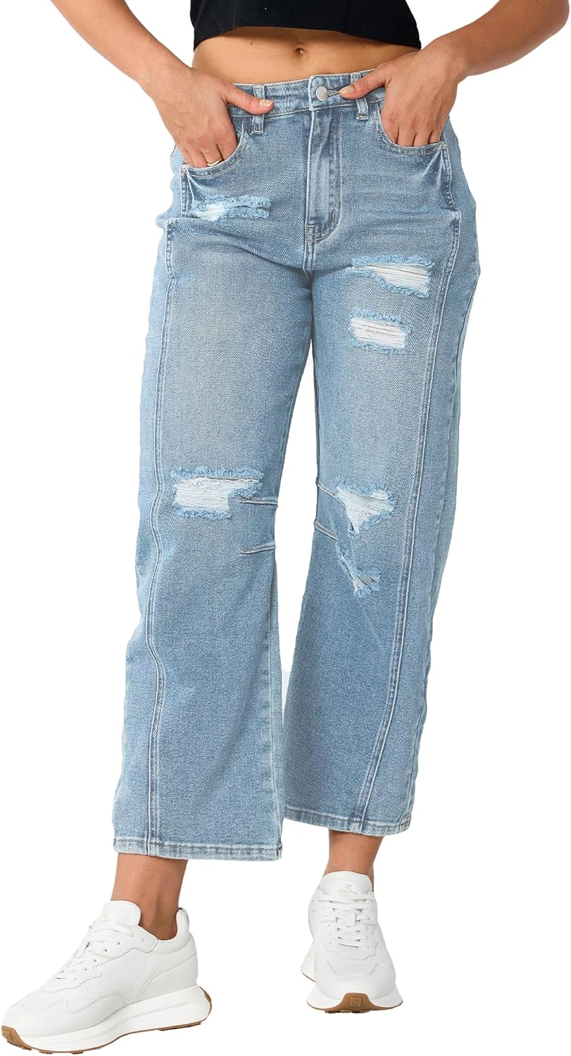 Barrel Jeans Women Stretchy Fabric & Ripped Style Wide Leg Ankle Pants, Suit for Midsize Woman Everyday Casual