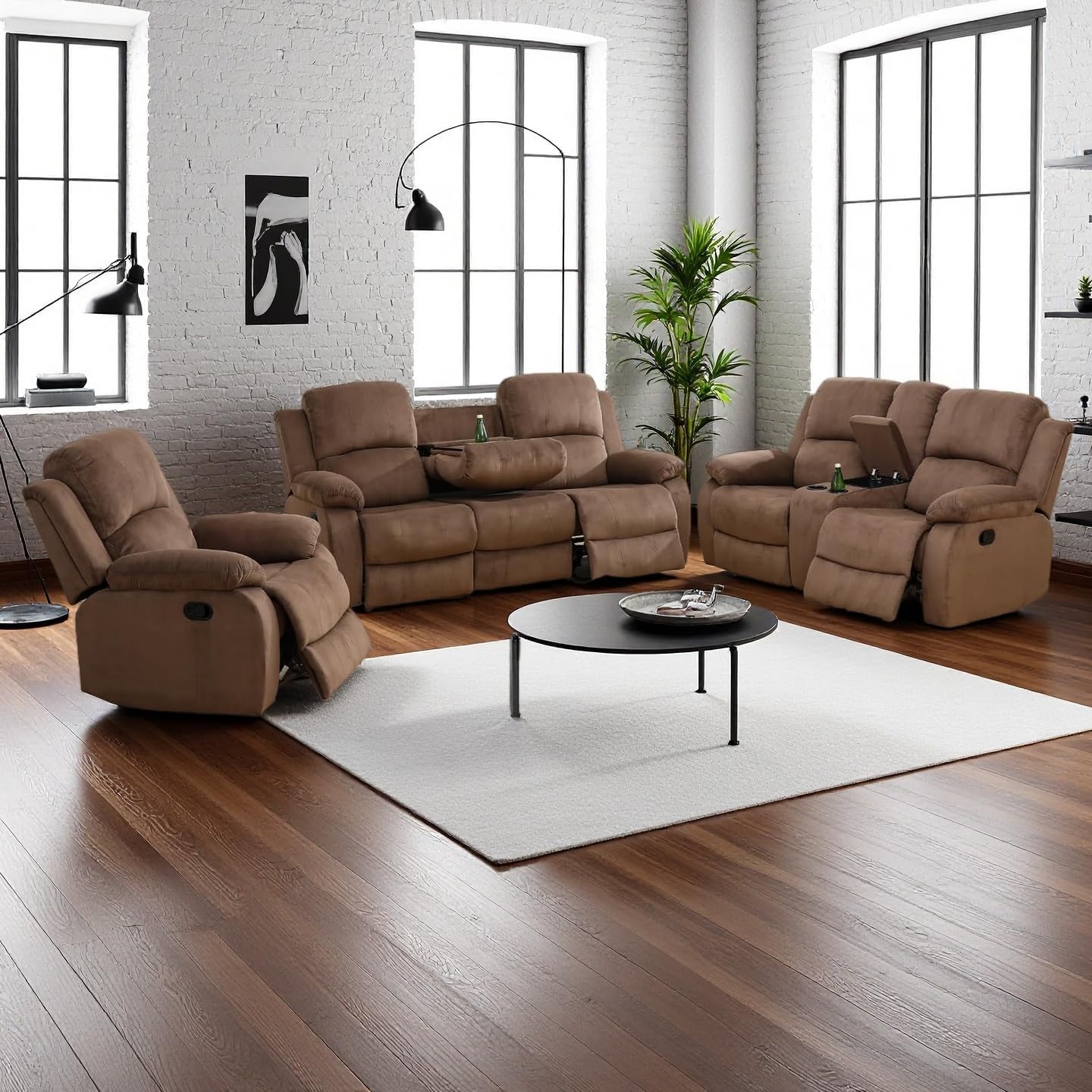 Manual Reclining Sofa Set with Drop-Down Table, Corduroy Sofa Sets, Living Room Furniture Sets, Modern Manual Recliner Sofa Sets with Storage Console for Living Room (Dark Grey, Sectional+Chair)