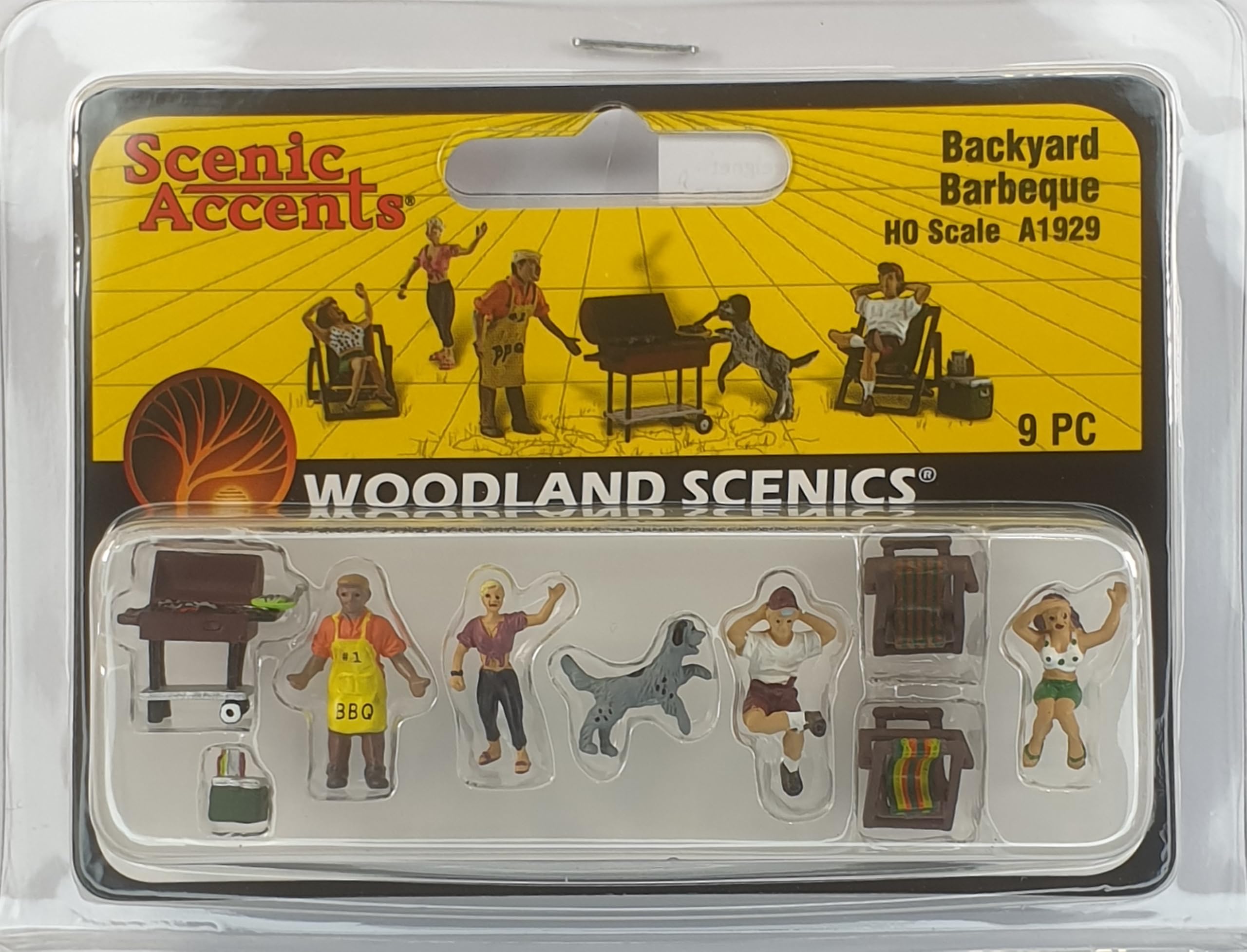 Woodland Scenics A1929 Grillo in giardino cane ruba salsiccia figure traccia H0 HO 1:87 Backyard Barbeque