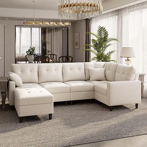 Miniatura 2 de Giantex Sofá modular modular modular en forma de L con otomana móvil, tela de lino sintético, 2 almohadas extraíbles incluidas, sofá moderno para