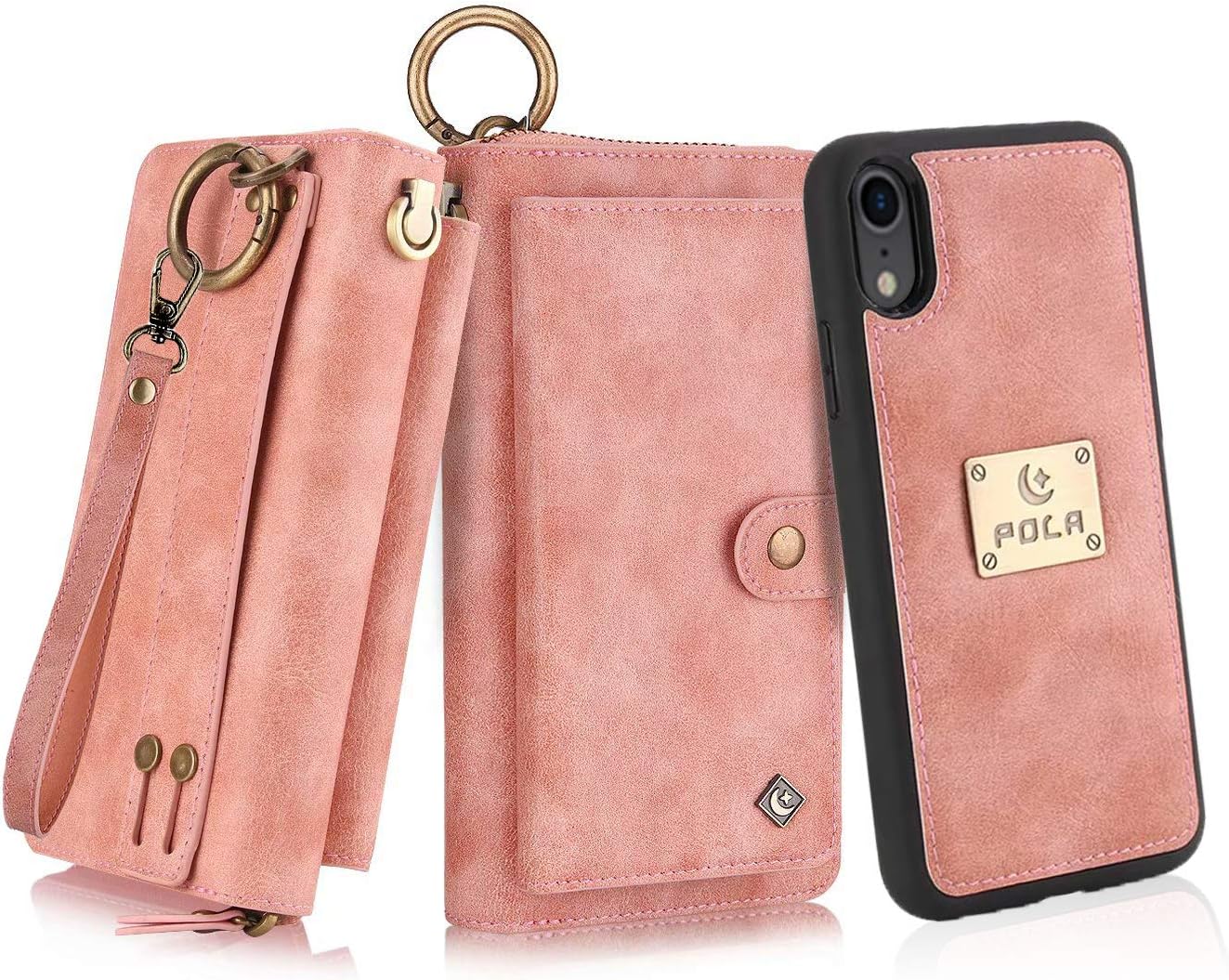 Petocase Compatible iPhone XR Wallet Case, Multi-Functional PU Leather Zip Wristlets Clutch Detachable Magnetic 13 Card Slots & 4 Cash Pocket Protection Back Cover for Apple iPhone 10R 6.1" - Pink