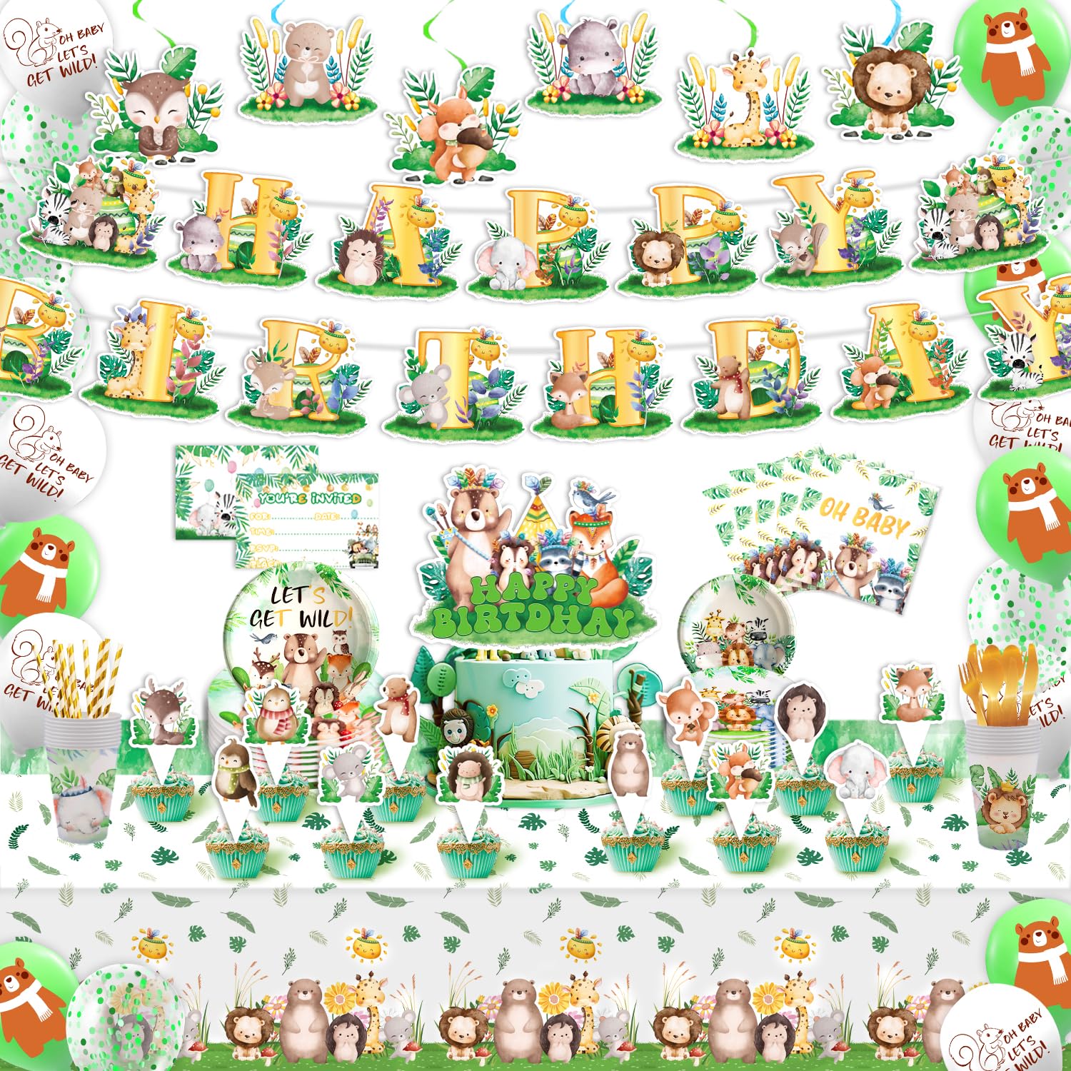 JoyPopper Jungle Safari Birthday Decorations –Wild One Birthday Decorations｜Plates, Cups, Balloons, Banner, Streamers, Cake Toppers, Invitations Cards