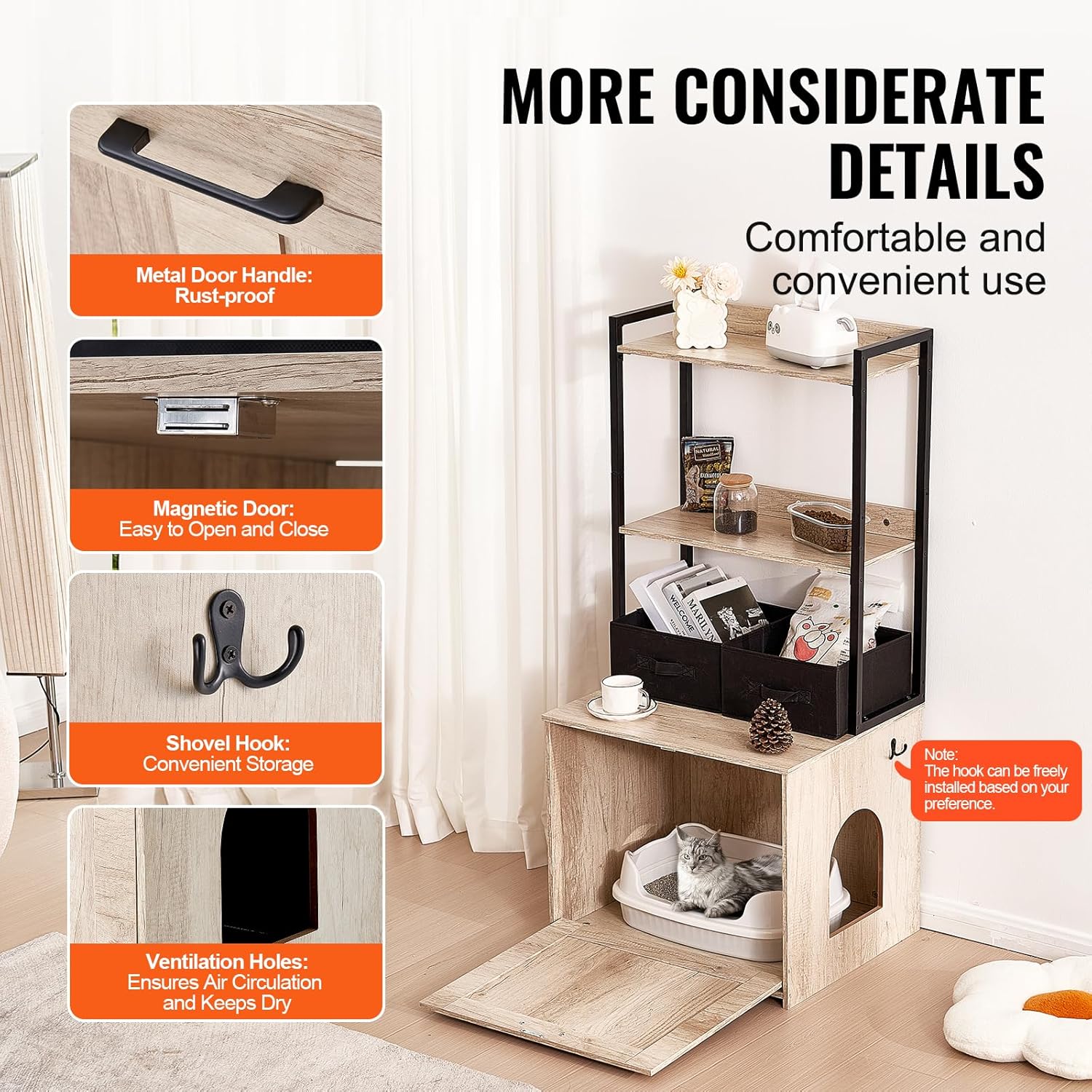 VEVOR Cat Litter Box Enclosure, Hidden Litter Box Furniture with 2 Storage Shelves & 2 Baskets, Wooden Cat Washroom Indoor, Cat House Cabinet Fit Most of Litter Box, 23.6"L x 19.7"W x 50"H, Natural 8 81CsM0oGUIL. SL1500