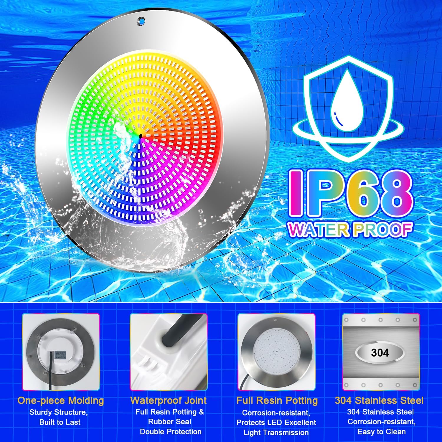 Smart LED Pool Lights for Inground Pool, 12V DC Underwater Light, App+Remote+Switch Control, 304 Stainless Steel, IP68 Waterproof, 50ft Cord, Fit for 10" Wet Niche of Swimming Pools, Spas, Fountains