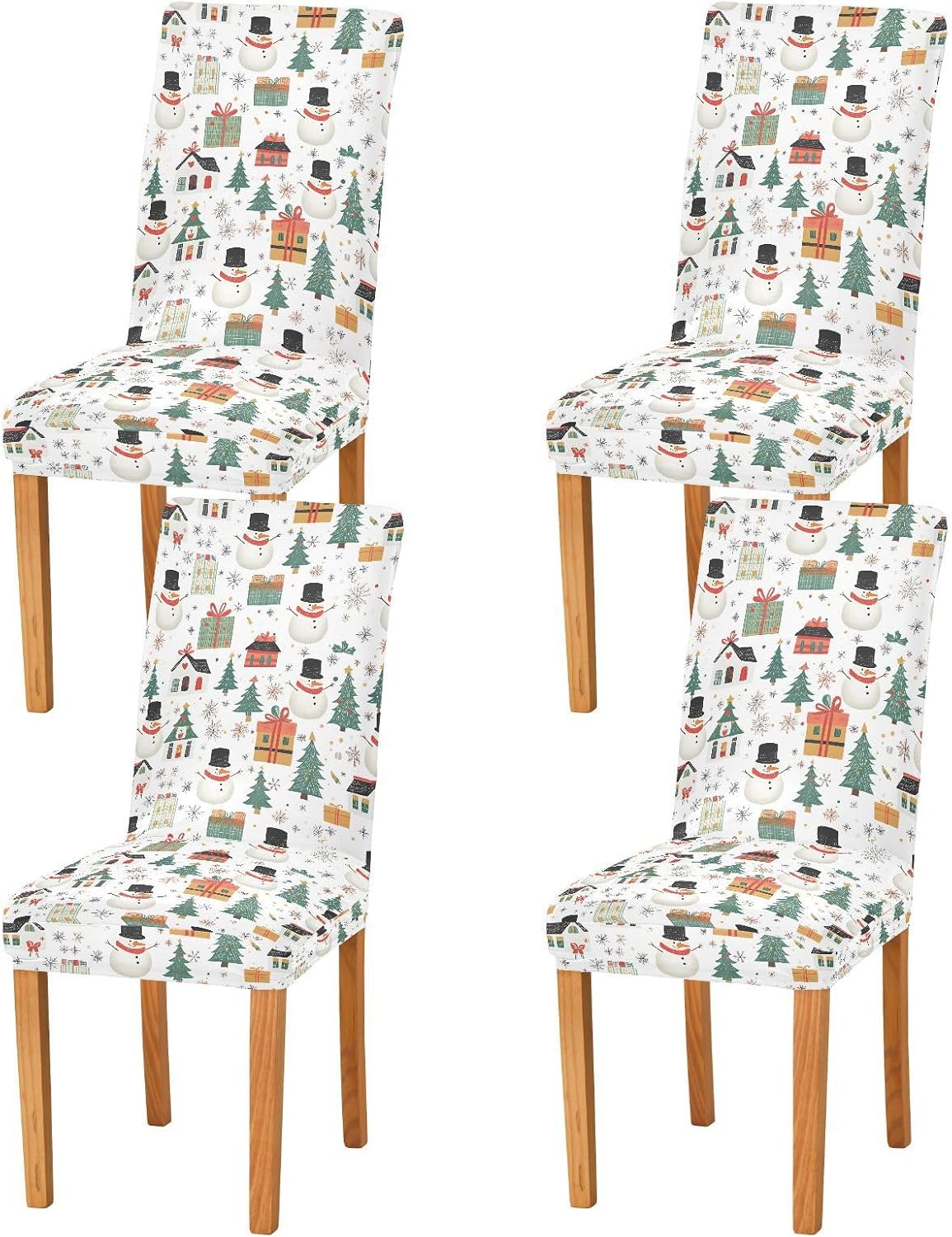 ALAZA Chair Covers for Dining Room, Christmas House Tree Snowman Pattern Stretch Chair Cover Sets Chair Protector Removable Washable for Ktichen Restaurant Hotel