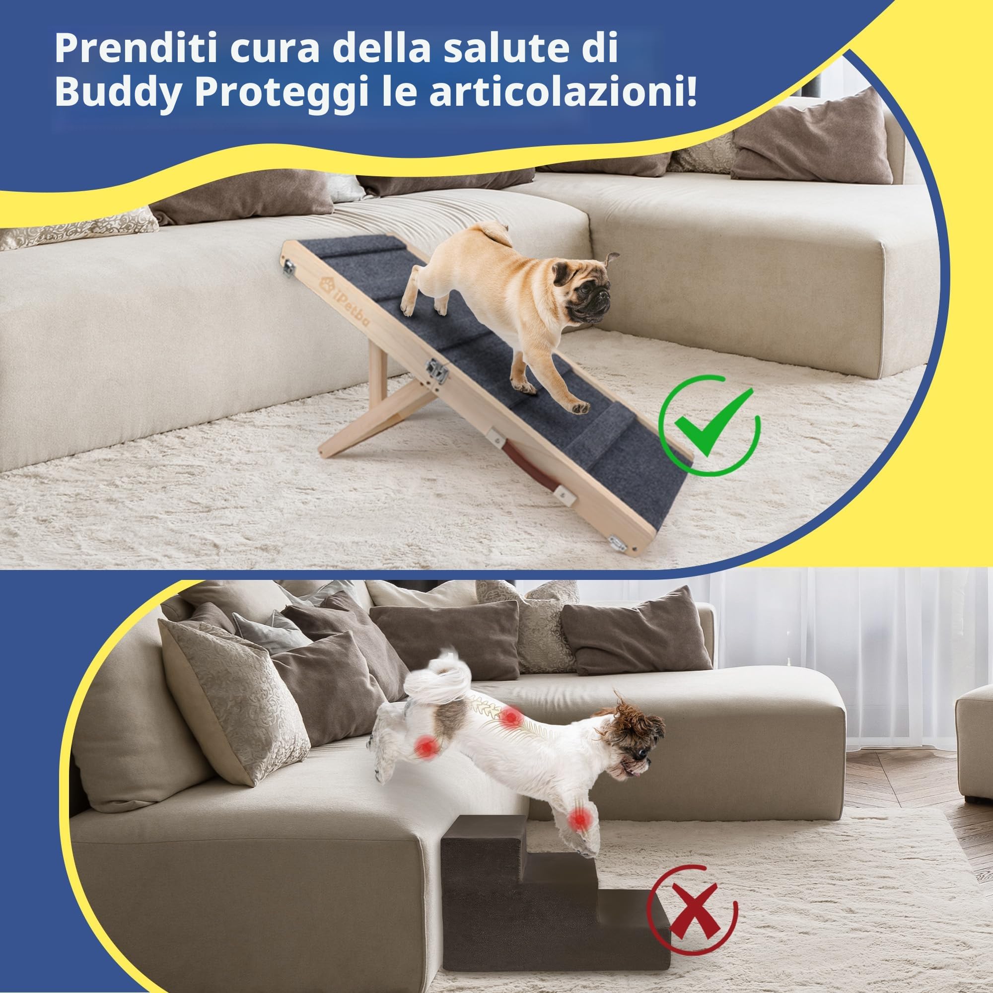 Rampa per Cane per Letto & Divano per Piccoli Cani – Rispetto per le Articolazioni, Antiscivolo, Pieghevole, Regolabile, Portatile, Fino a 16 kg