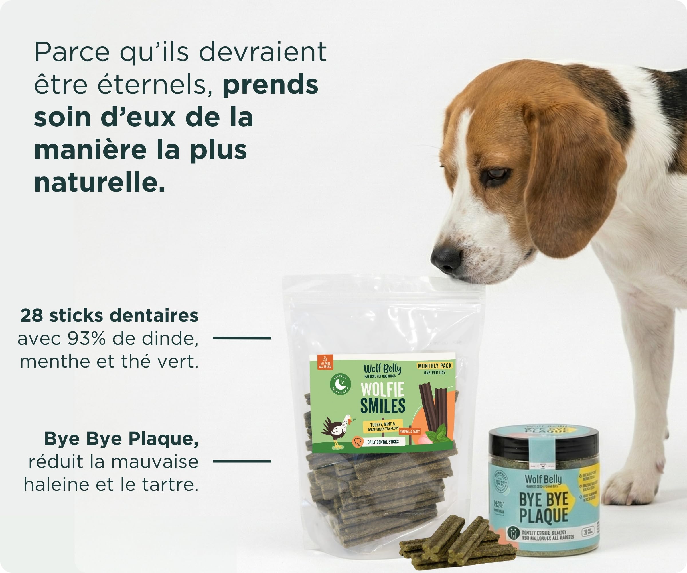 Wolf Belly - Pack d’Hygiène Dentaire Naturelle pour Chiens | Sticks Dentaires à la Dinde 93% (28 unités) + Bye Bye Plaque - Fabriqué en UE
