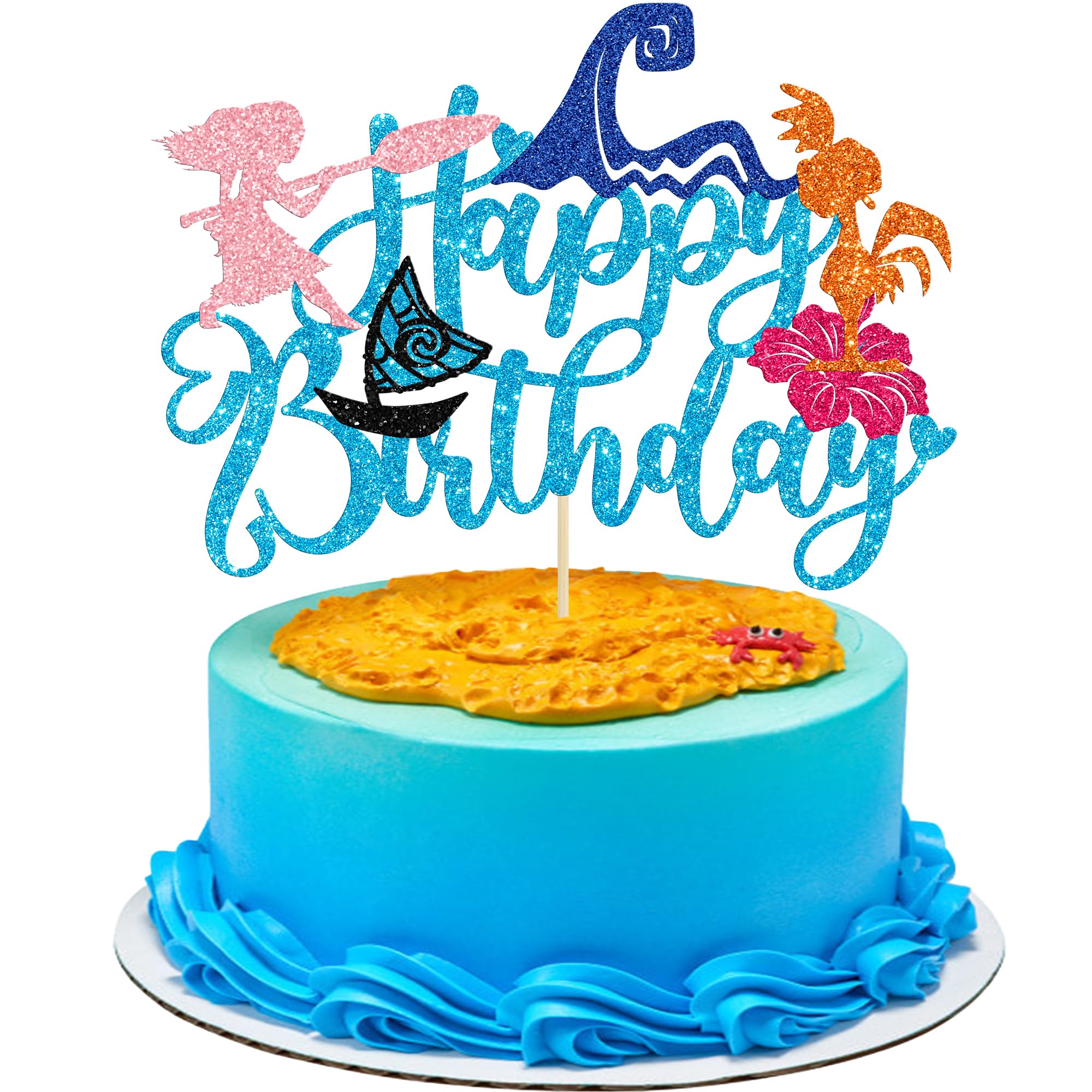 Gyufise 1Pcs Moa Happy Birthday Cake Topper Glitter Ocean Wave Sailboat Flower Cake Pick Moana Party Decorations for Tropical Hawaiian Luau Theme Baby Shower Birthday Party Supplies Blue