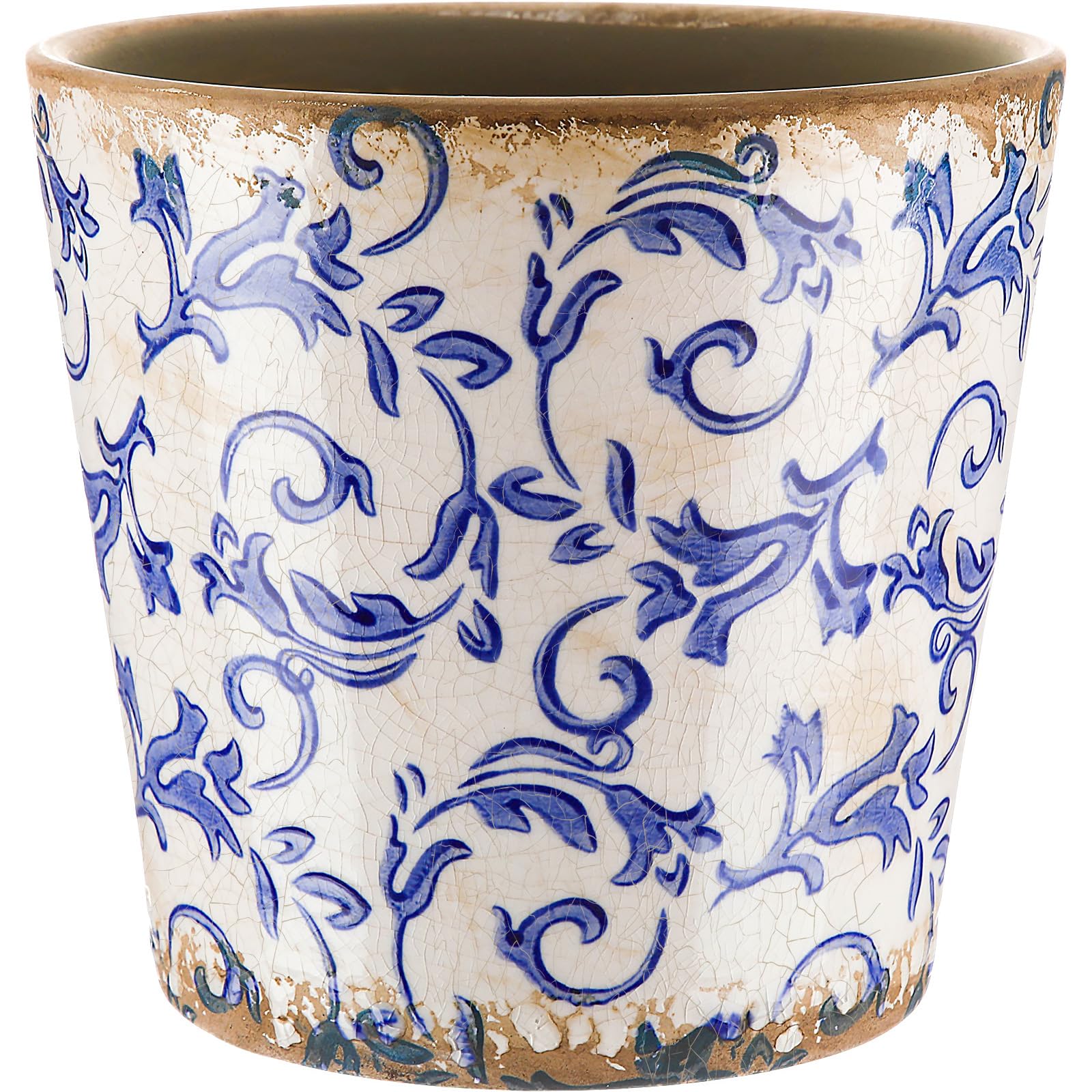 Beeveer Farmhouse Ceramic Planter 5.5 Inch Large Plants Pot Crack White Blue Flowers Plant Pots with Drainage Hole Indoor Plants Kitchen Rustic