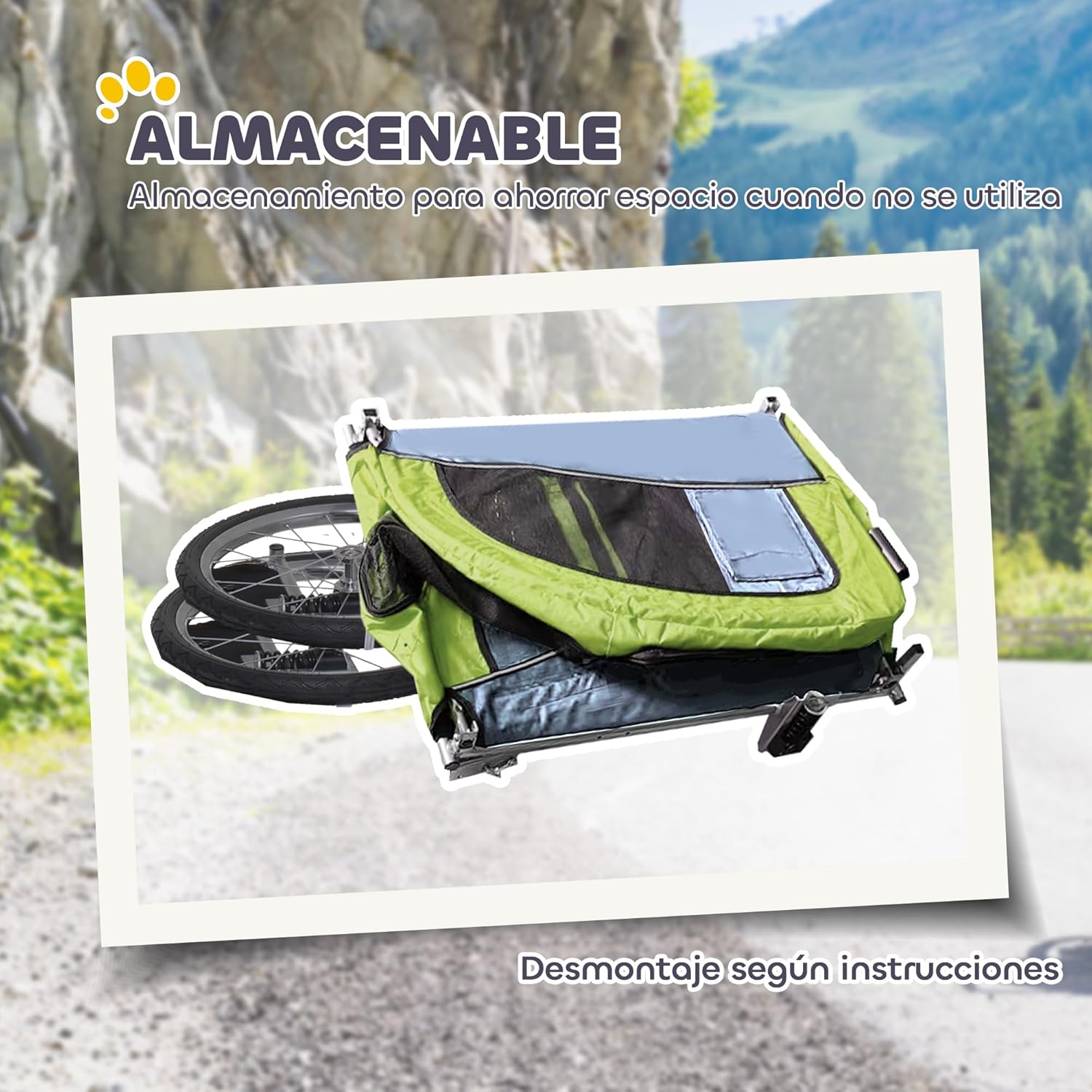 A folded pet trailer, demonstrating its compact storage capability. The image shows the wheels detached and the main cabin collapsed.