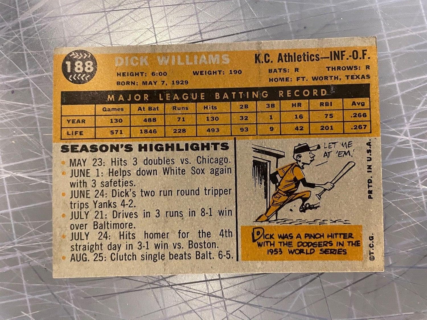 1960 Topps #188 Dick Williams Kansas City Athletics Baseball Card Nm/mt - Slabbed Baseball Cards