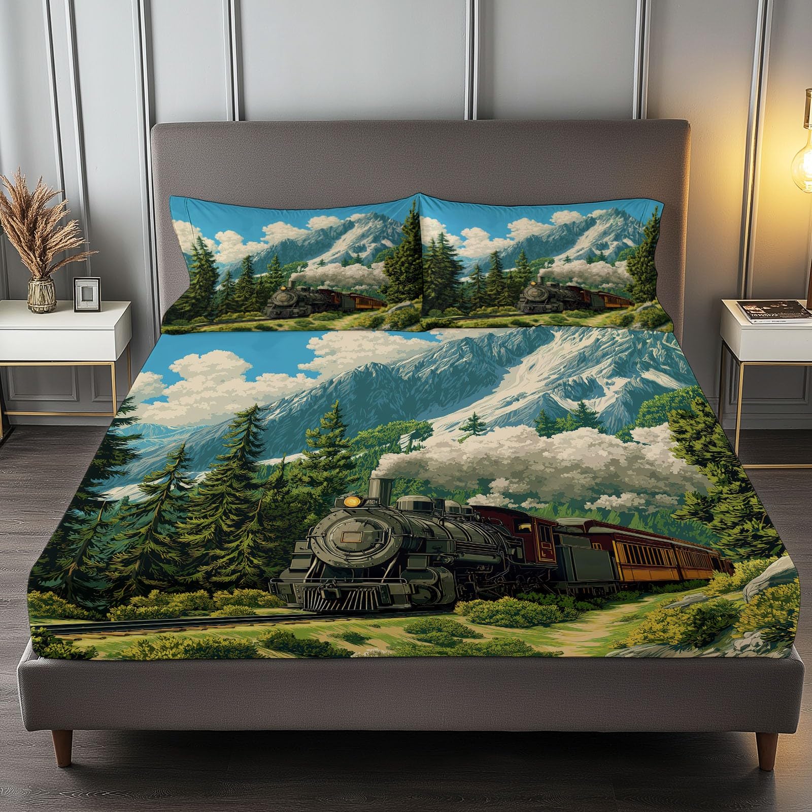 200 x 200 cm Drap Housse Microfibre, Montagnes Trains Forêts Imprimé Parure De Lit Doux Élastique Drap Housse 30 cm Profonde pour Matelas Epais - sans Plis - Convient à Toutes Les Saisons, Bleu Vert